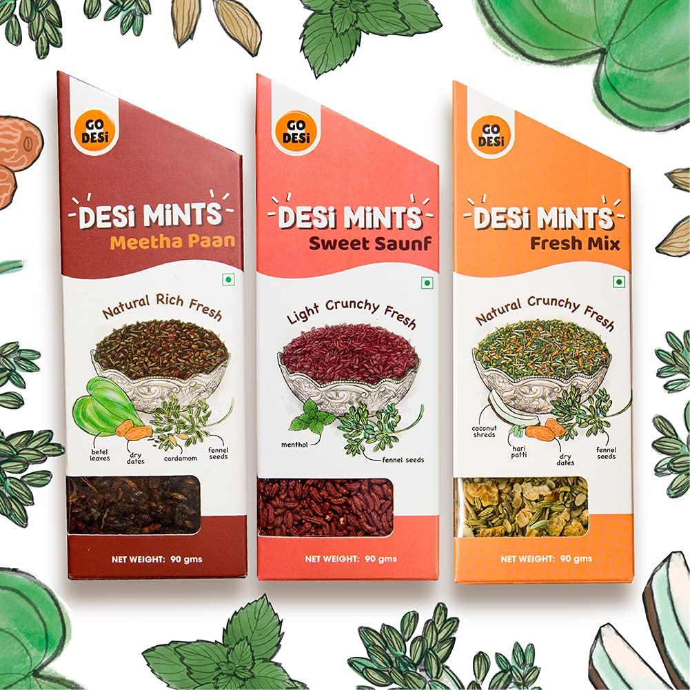 GO DESi - DESi Mints Sweet Combo | Meetha Paan, Sweet Saunf & Fresh Mix | Refreshing Aftermeal | Traditional Mouthfreshener | Farm Sourced | 90g x 3 (270gm)