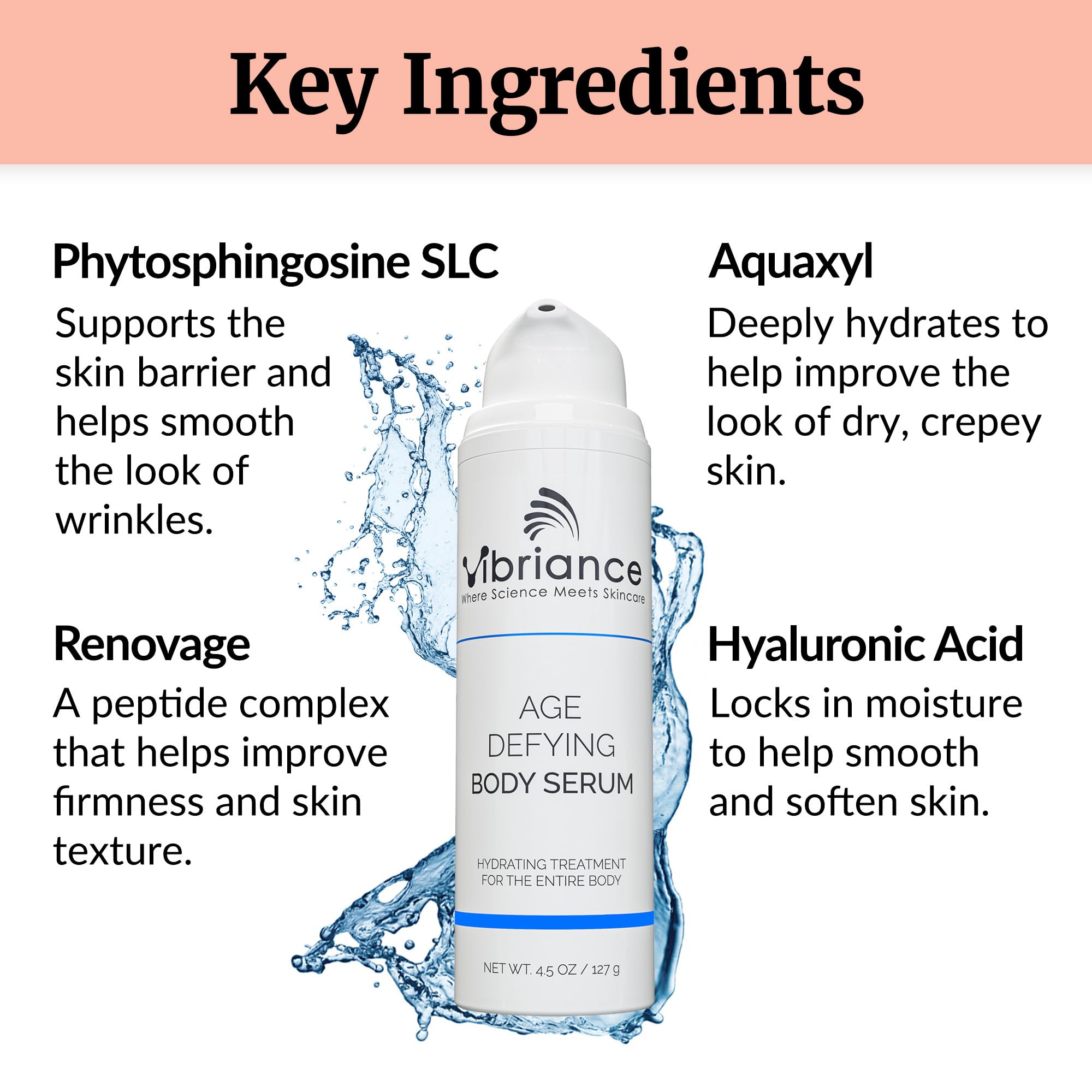 Vibriance Suero Cuerpo Antienvejecimiento, 133 ml, antienvejecimiento y ultra hidratante, enriquecido con ácido hialurónico - Corrector De La Piel Crepa Rápida Absorción Para Arrugas Y Sequedad