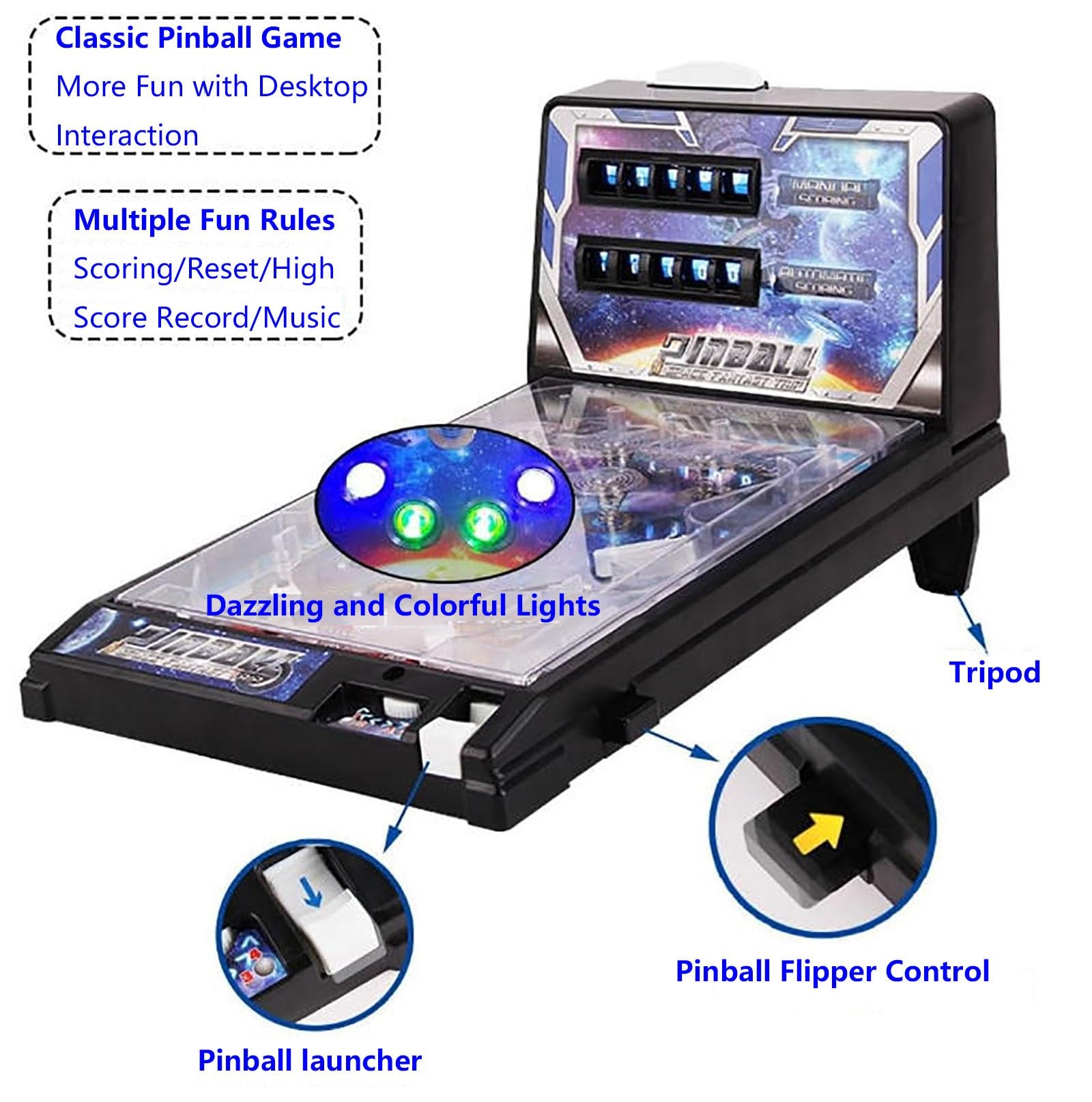 Tragbare Flipper-Maschine, LED-elektronisches Arcade-Spiel mit Sound, digitaler Anzeigetafel, Weltraum-Thema, Tischspaß für Kinder ab 5 Jahren