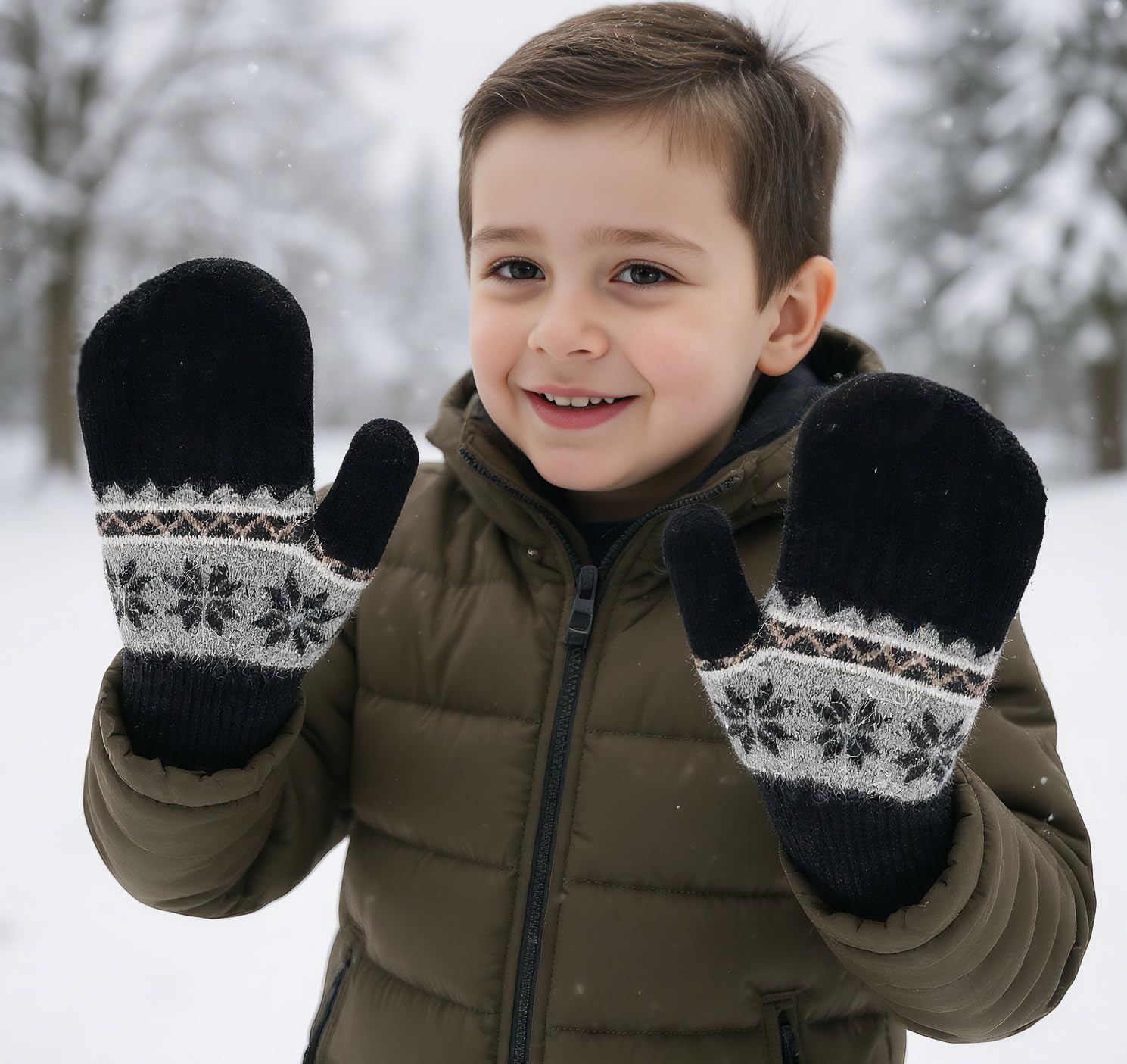 Kids Winter Soft Warm-Knit-Mittens, Boys-Girls Snowflake-Print Warmly Double-Layer Snow-Mittens Ski-Gloves for 5-10Years