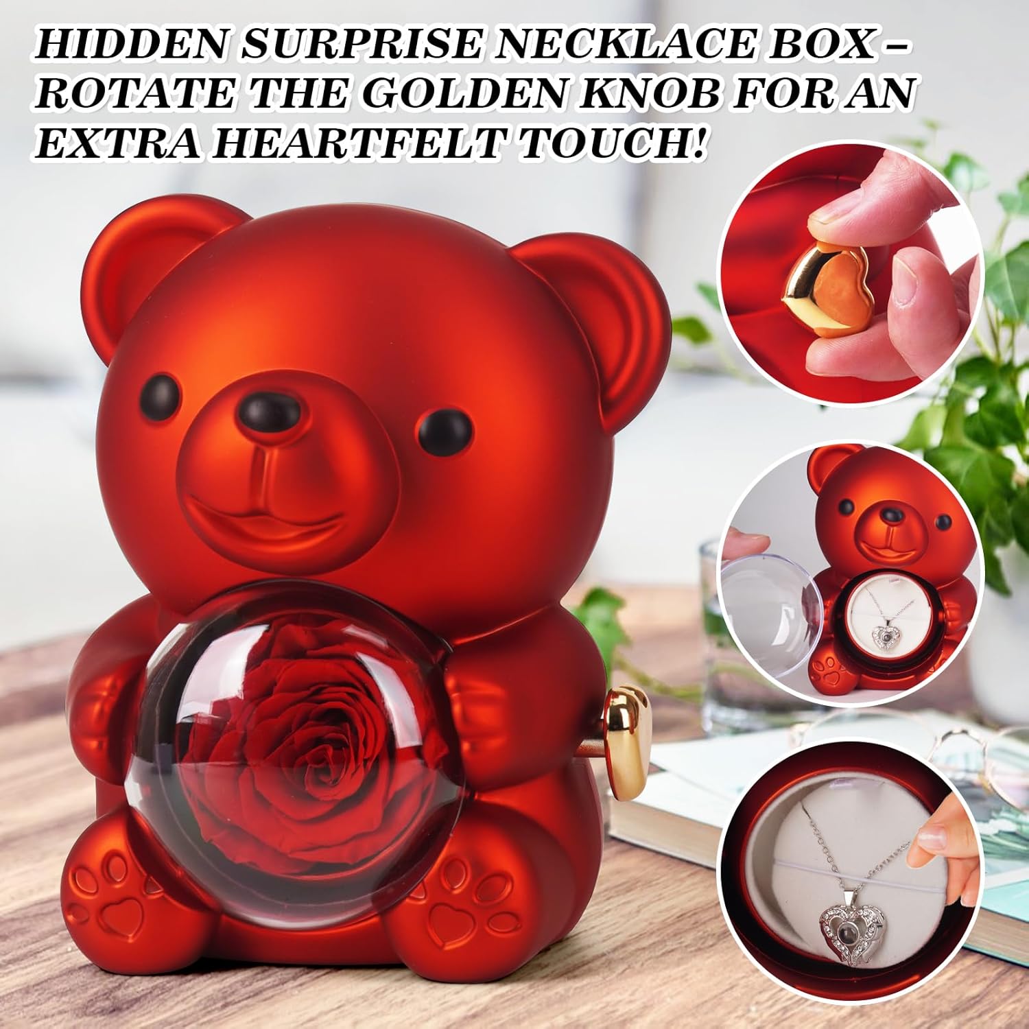 WOKEISE Teddy Bear Preserved Rose Gifts with 100 Languages I Love You Necklace & Love Puzzle, Mothers Day Rose Gifts for Mom, Eternal Rose Bear,Anniversary Birthday Gift for Women,Wife,Girlfriend,Red
