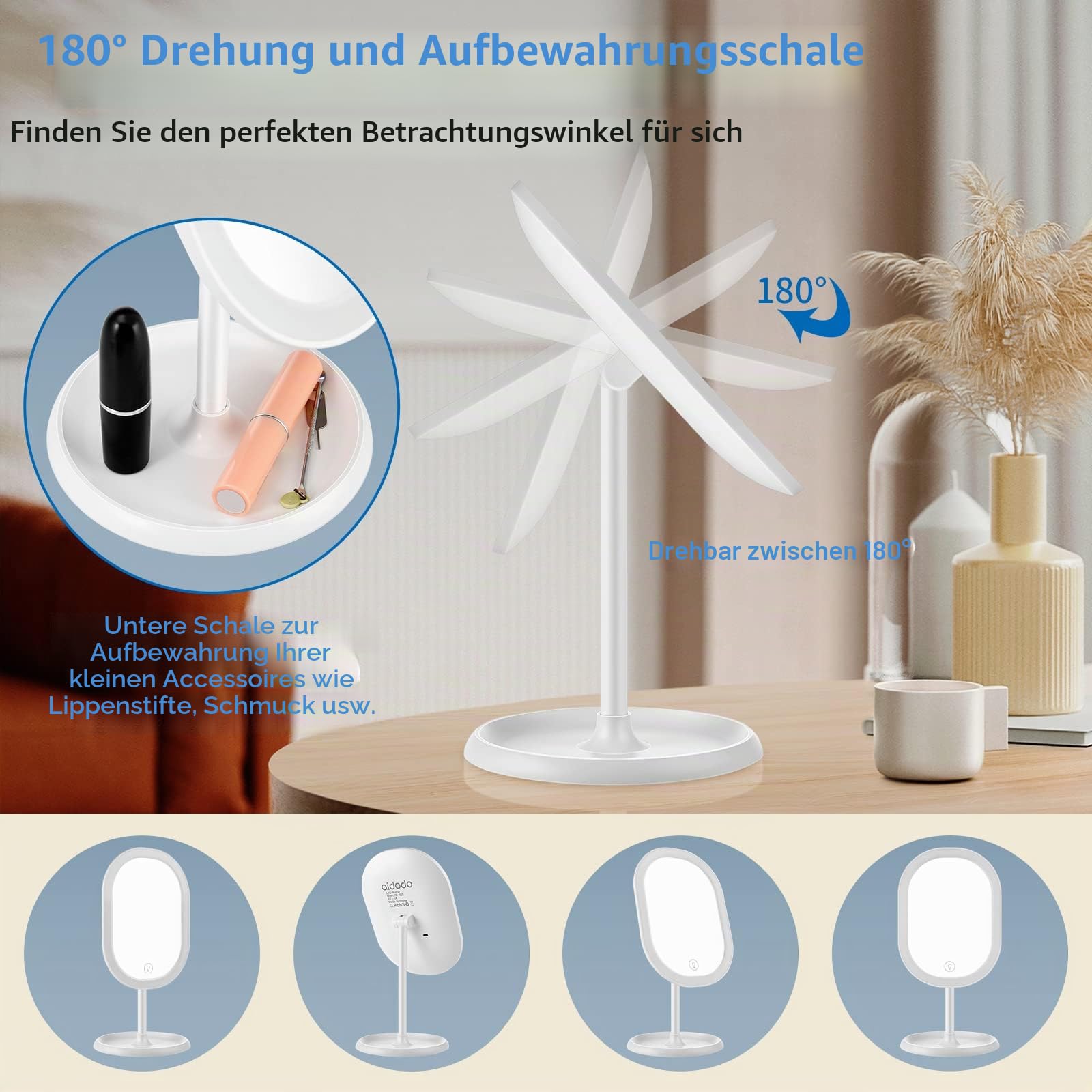Schminkspiegel, Tischspiegel Rasierspiegel Schminkspiegel Beleuchtet mit Dimmbarer Helligkeit LED Licht, Mit 10X Vergrößern Spiegel, 180° Faltbarer Tischspiegel, Freund