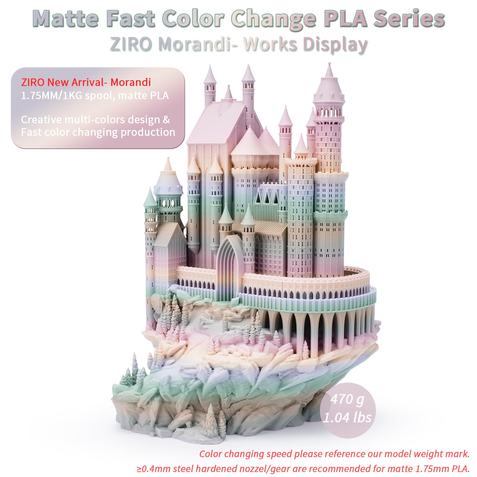 ZIRO Matowy Wielokolorowy Filament 1.75mm PLA, Zmiana Koloru Według Długości Matte PLA do Drukarki 3D, Dokładność Wymiarowa +/-0.03mm, Pasuje do Większości Drukarek 3D, Morandi