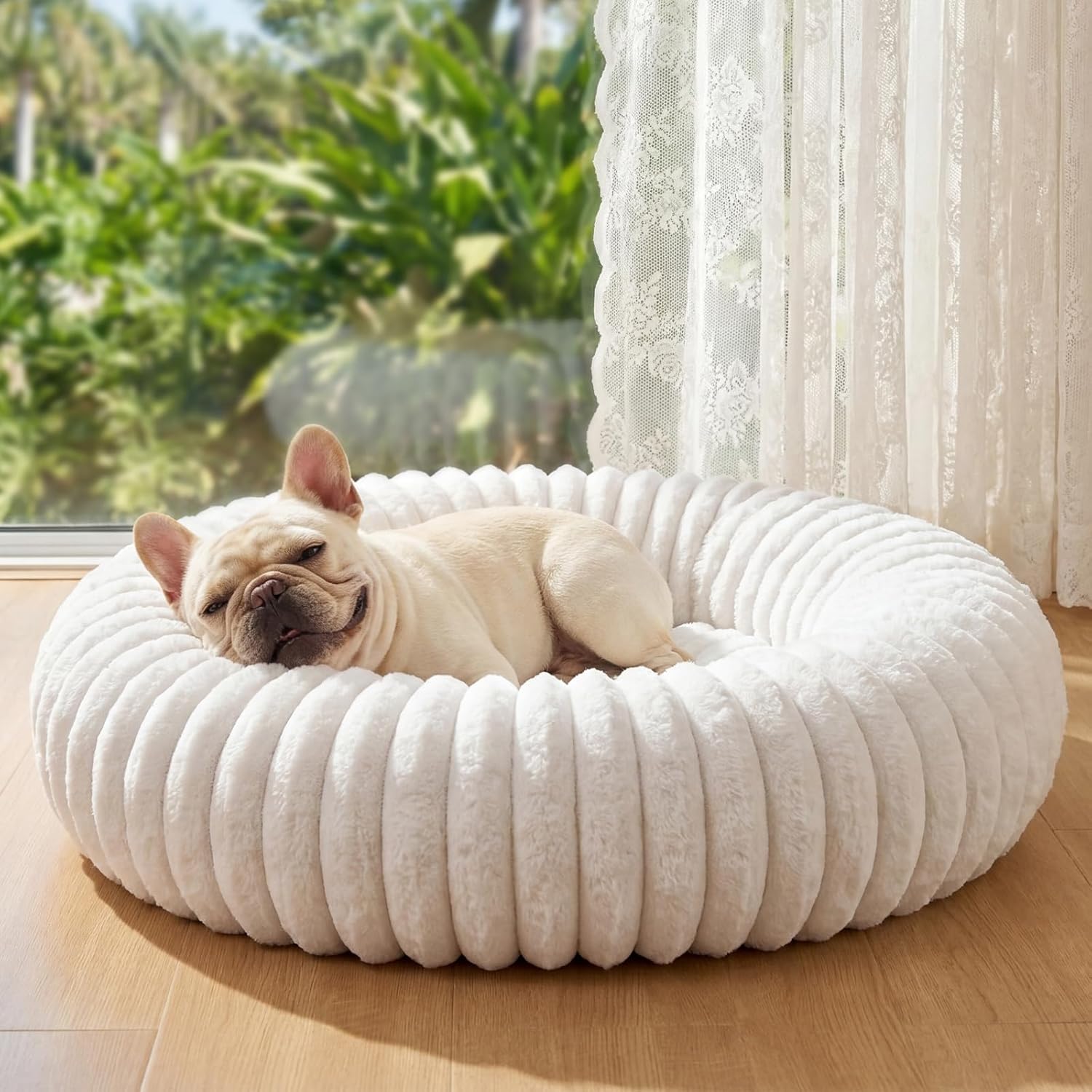 Self Warming Pet Bed, Donut Dog Bed for Small & Medium Dogs, Self-Heating Pet Bed with Non-Slip Bottom, Winter Comfort Dog Beds for Puppies, Washable & Portable Egg Tart Shape (M)