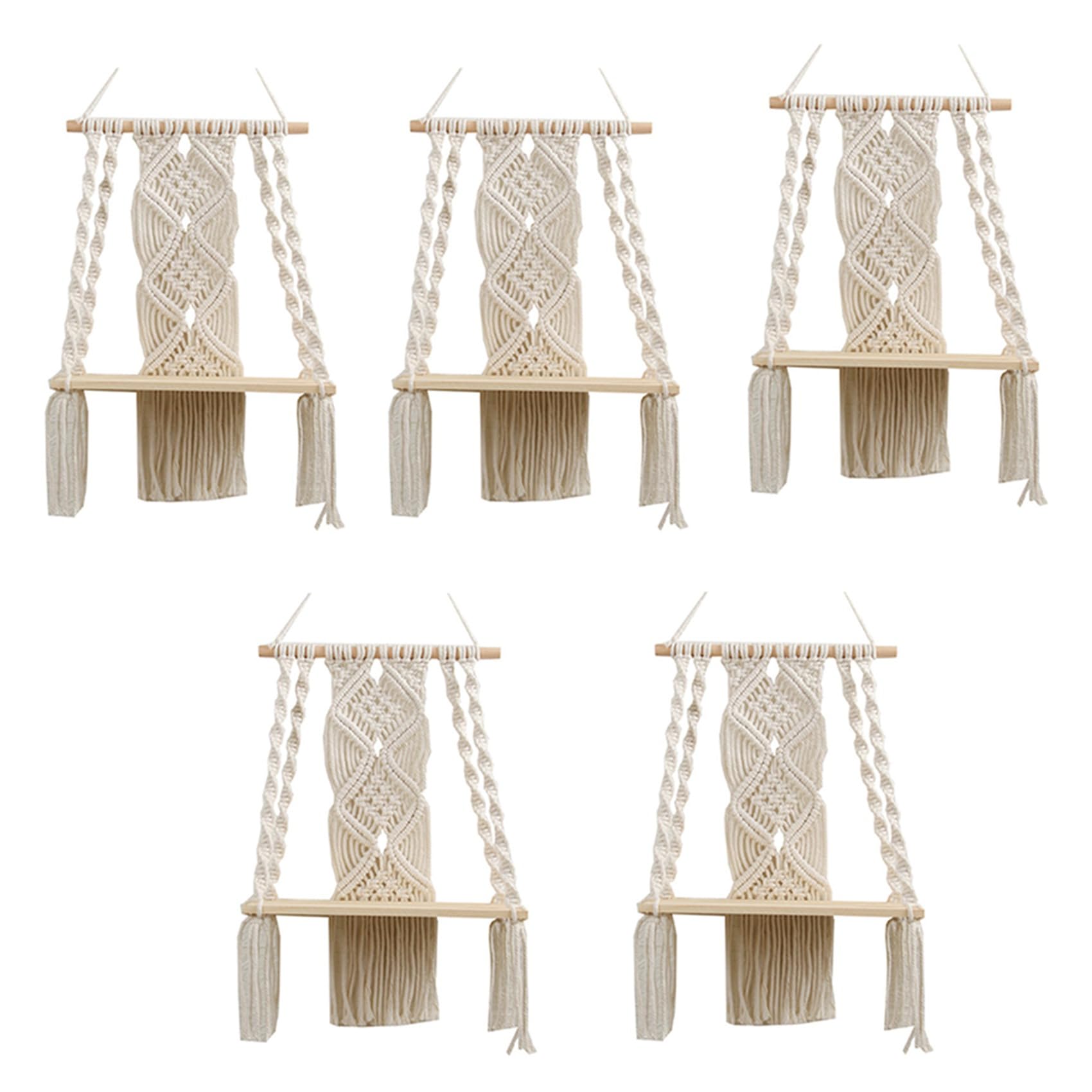 Vjsujehgy 5X Boho Macrame Wall Hanging Shelf Handmade Woven Tassel Tapestry Rack Wood Floating Storage Hanger for Home Wall Decor