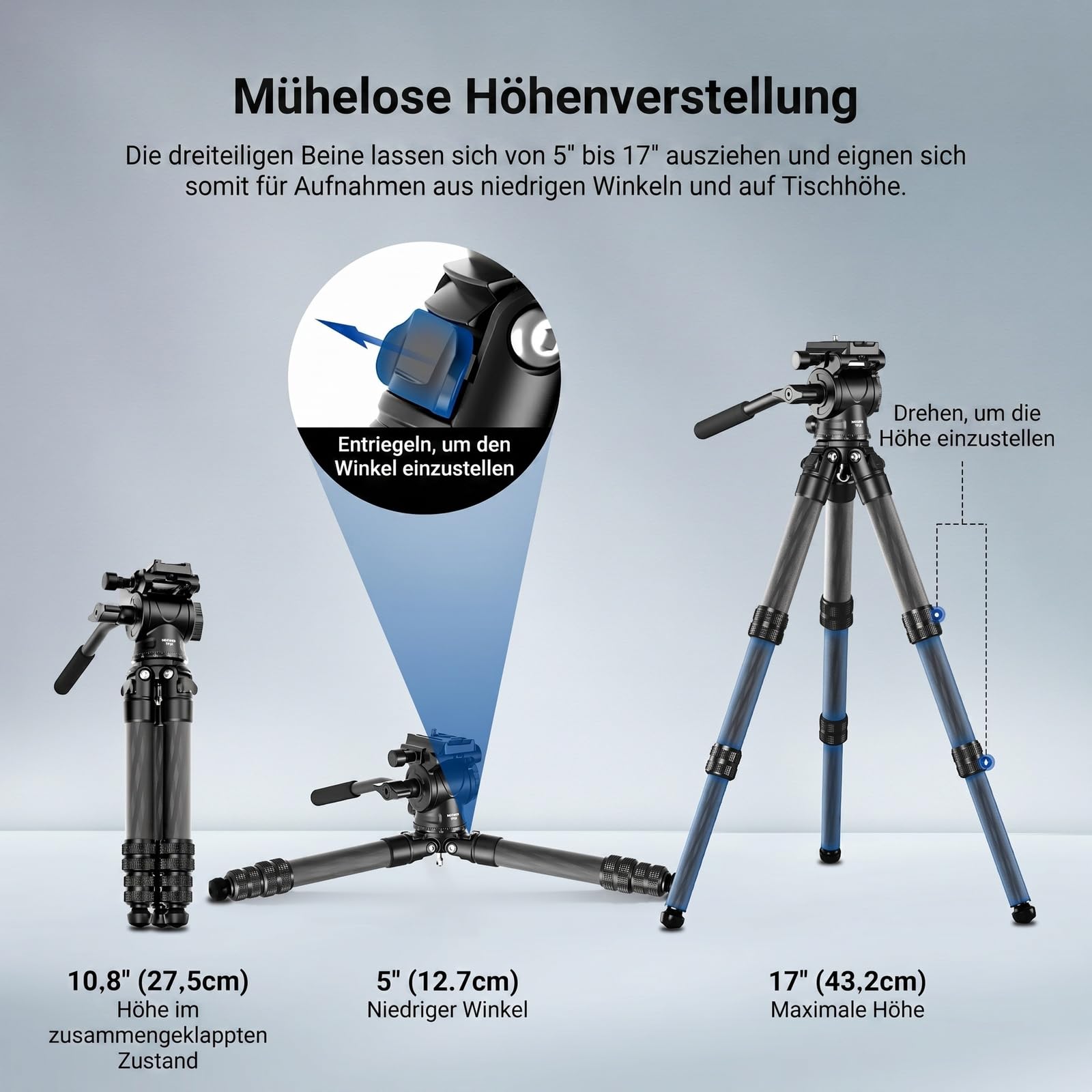 Neewer Carbonfaser Tisch Kamera Mini Stativ tragbares Tischstativ Reisestativ für unterwegs mit Fluidkopf Schnellwechselplatte für TikTok DSLR und Action Cam Video Streaming – Bild 5