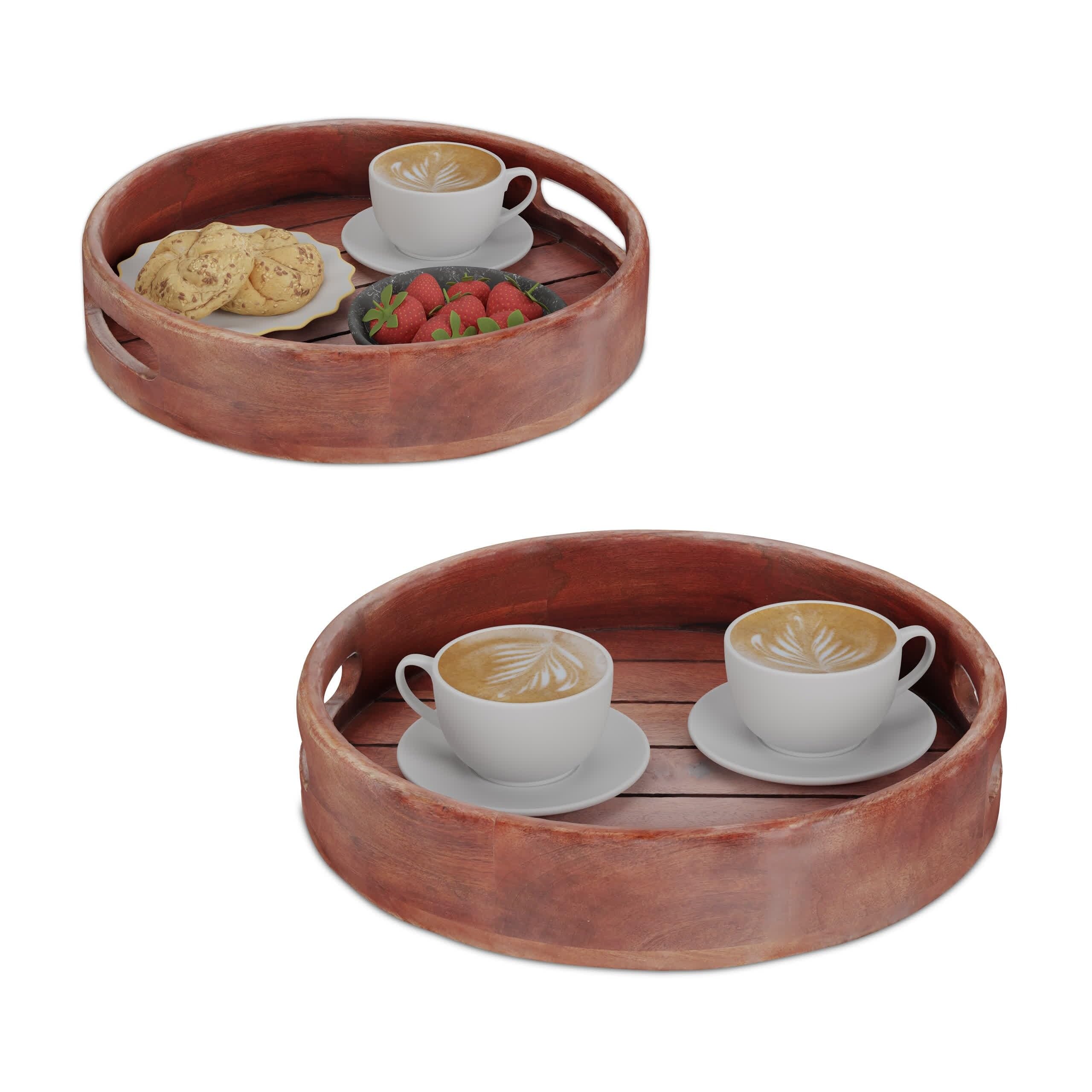 Relaxdays Plateau de Service, avec poignées, Bord surélevé, Design Rond, Bois de manguier, H x D : 29 x 36 cm, Marron