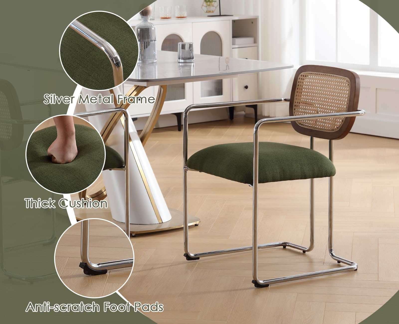 Esszimmerstühle 2er Set, Retro Küchenstühle mit Rattan Rückenlehne Gepolsterte Essstühle mit Metallgestell aus Leinen, für Esszimmer Wohnzimmer Küche Schlafzimmer​Lounge, Grün