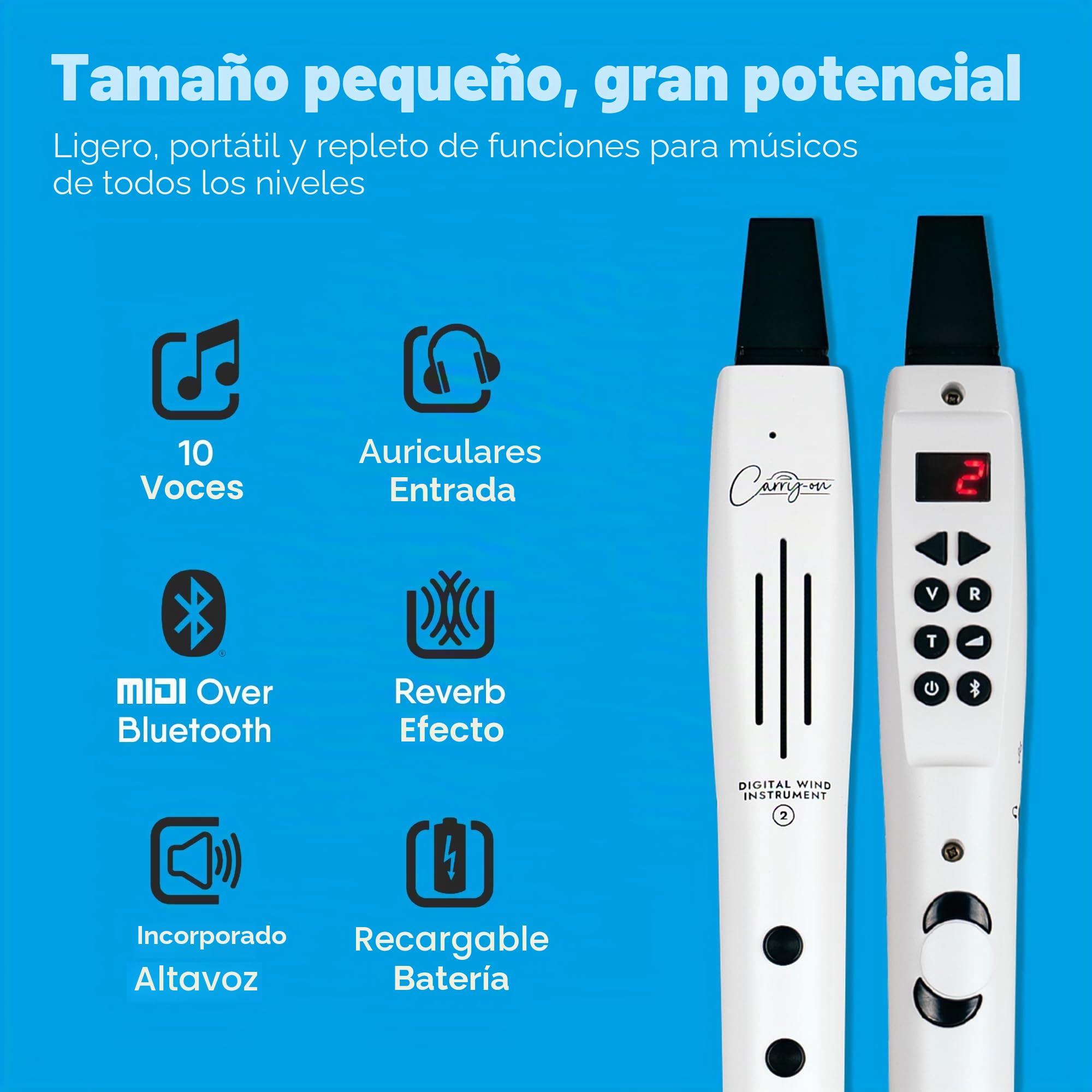 Carry-on Instrumento de viento digital de 2 a 10 voces, batería recargable USB integrada, salida de auriculares para práctica silenciosa, grabadora digital midi a través de Bluetooth, color blanco