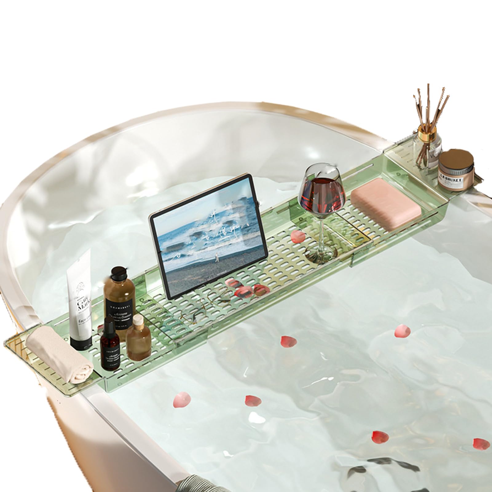 JKJZSALJ Expandable Bathtub Caddy Tray With Drain Anti Slip Design And Multiple Storage Compartments Perfect For Holding Towels Wine Candles And Phone Transparent Green-Transparen