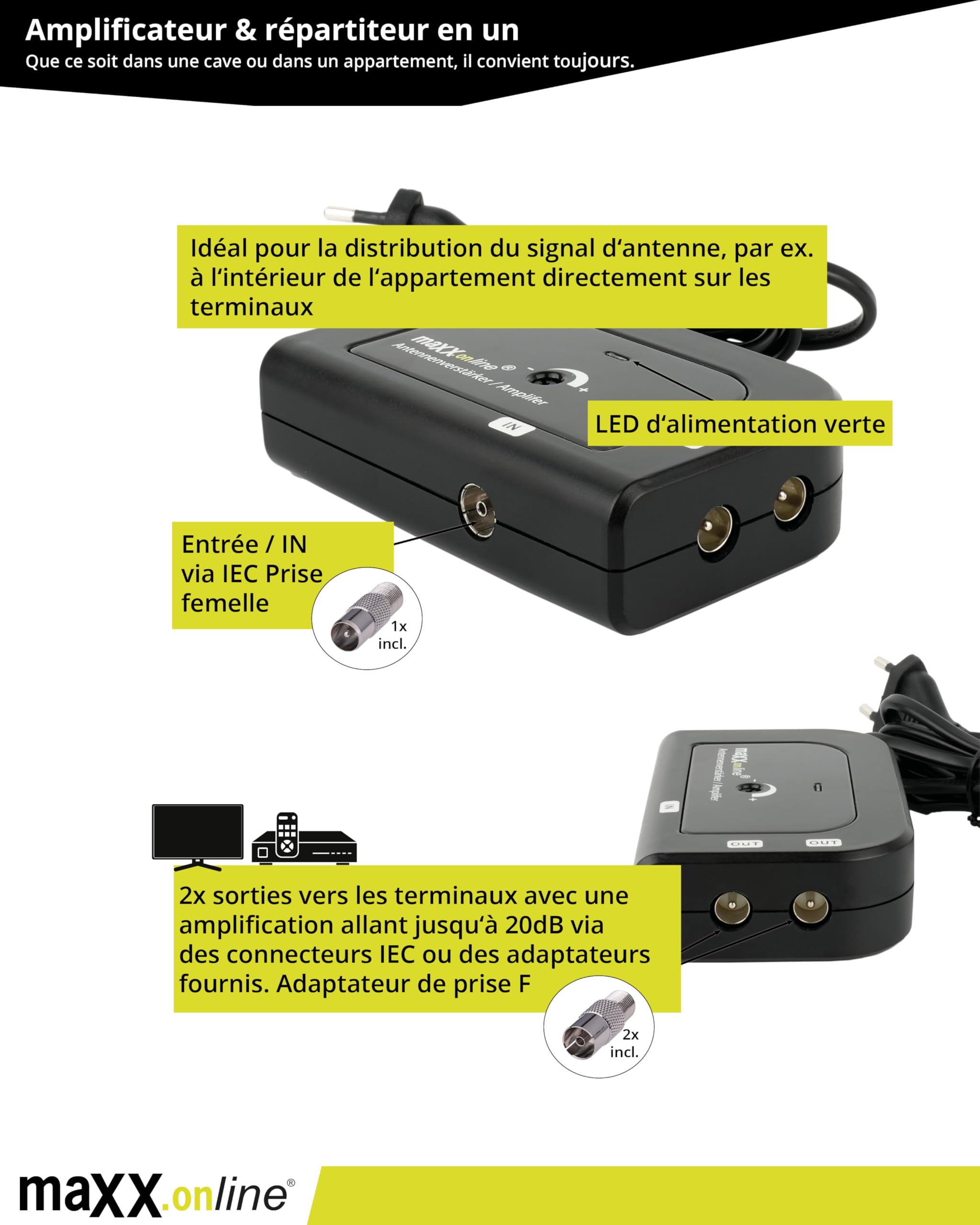 Amplificateur d'antenne 2x20 dB, 85-1006 MHz, F, TV par câble