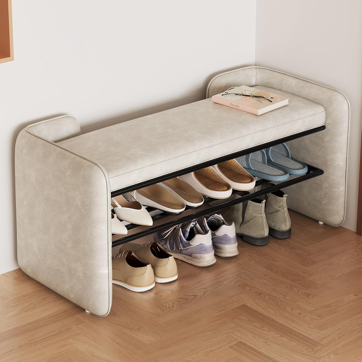 47" Shoe Bench with Shelf, 1 Tier Entryway Bench with Storage,Ottoman Bench Upholstery Shoe Rack with Cushion for Entryway Hallway Living Room Bedroom Mudroom Grey White