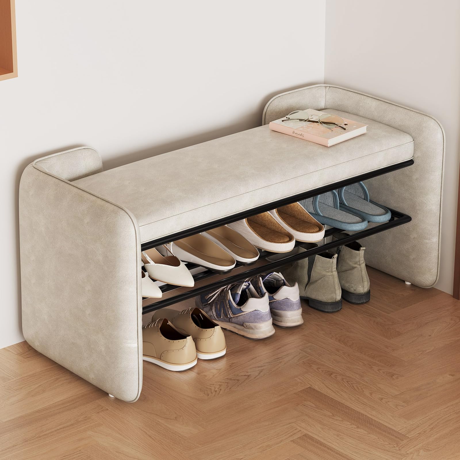 Miuuod 120cm Entryway Shoe Rack with Cushion Padded Seat, 2-Tier Shoe Bench for Entry, Stable Shoes Organizer for Entry, Hallway, Living Room, Bedroom