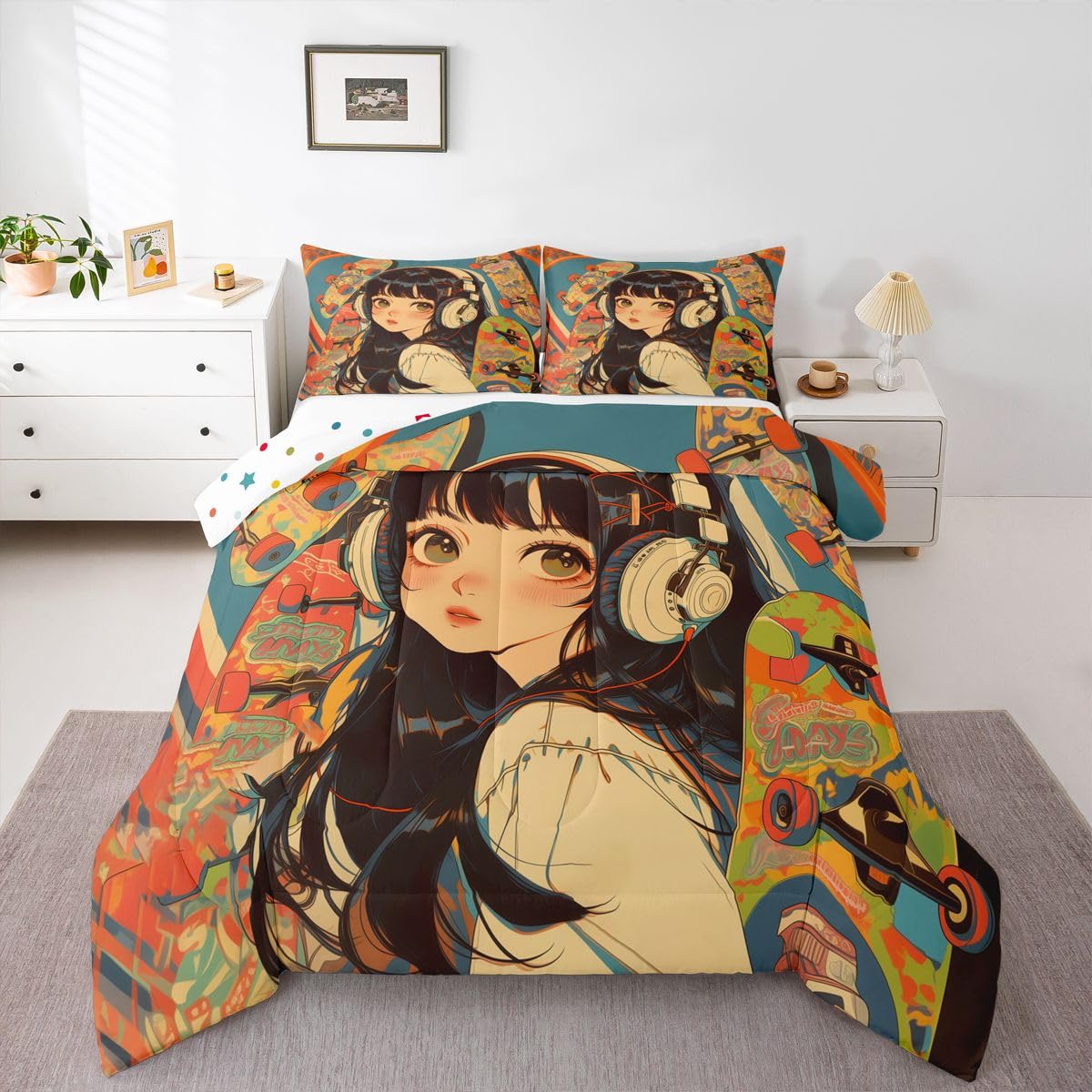 Erosebridal Kids Comforter Sets Queen Size, Cool Girl with Hippie Headphone Bedding Comforter Sets, Fashion Girly Comforter Duvet Set 3D Anime Cartoon Style Teens Bedding Sets for Girls Women