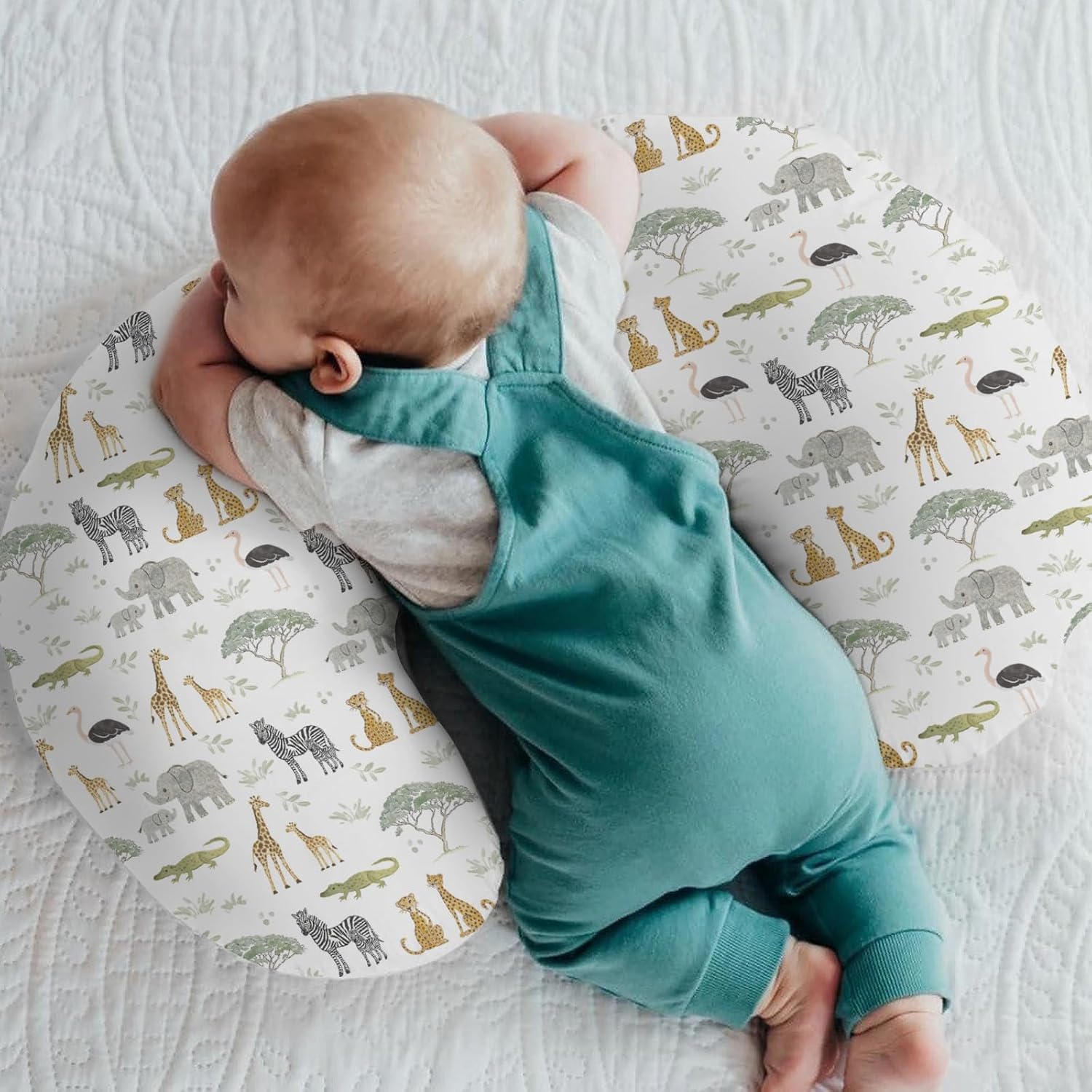 Jungle Safari Animals Baby Nursing Pillow Covers for Boy Girl Elephant Zebra Giraffe Leopard Tree Nursery Slipcover for Breastfeeding Pillows Zoo African Animal Soft Stretchy Cover for Newborn Infant