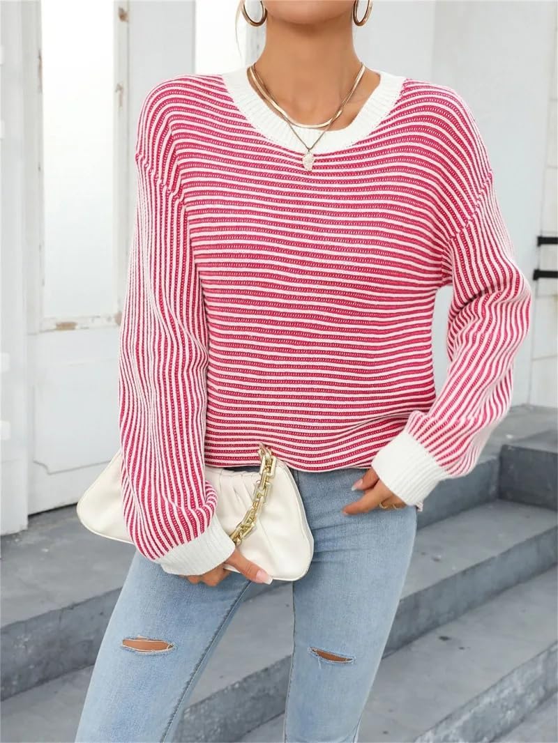 ChenKongHai Elegant Striped Knitted Sweater Pullover for Winter Women' O-Neck Sleeve Loose Casual Sweaters Female