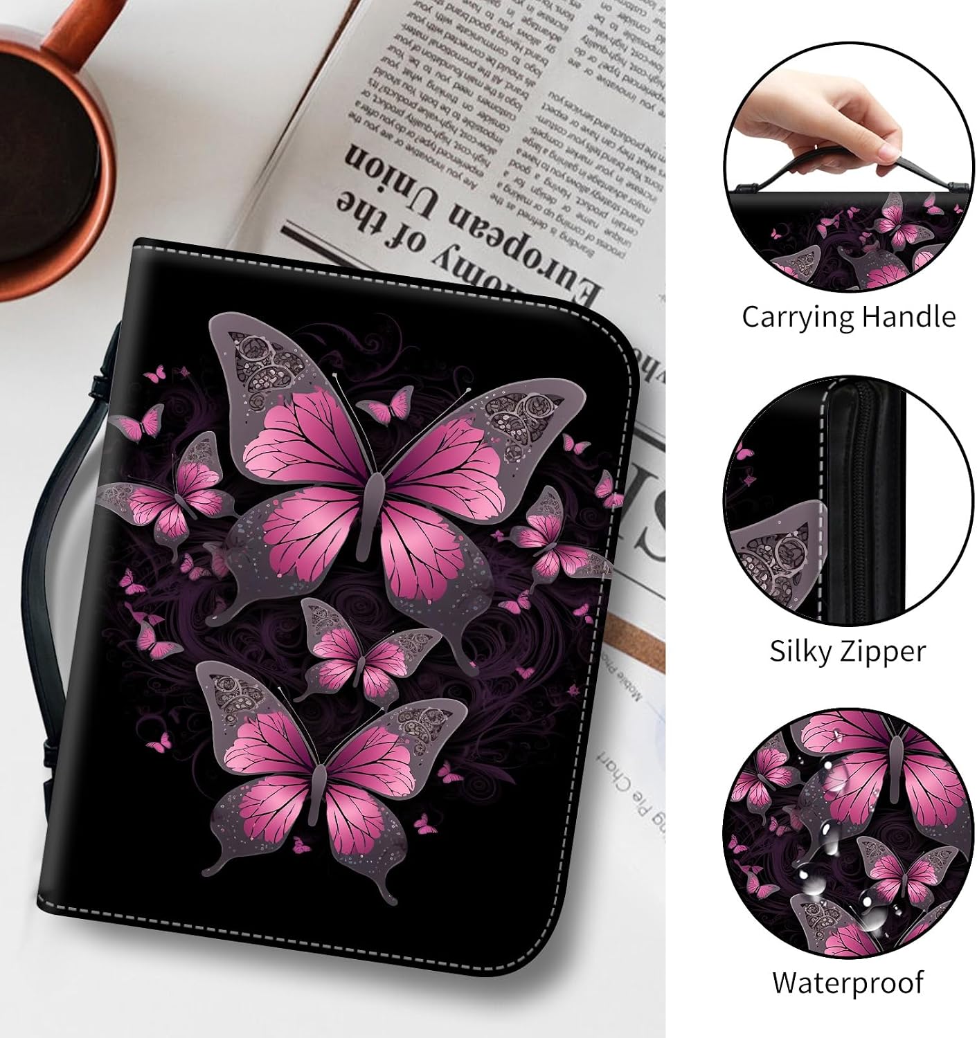 Leather Bible Cover Case for Women 12.2 * 9.06 * 2.76, Bible Bag Carrying Case with Handle Pen Slots Study Bible Supplies, Pink Butterflies