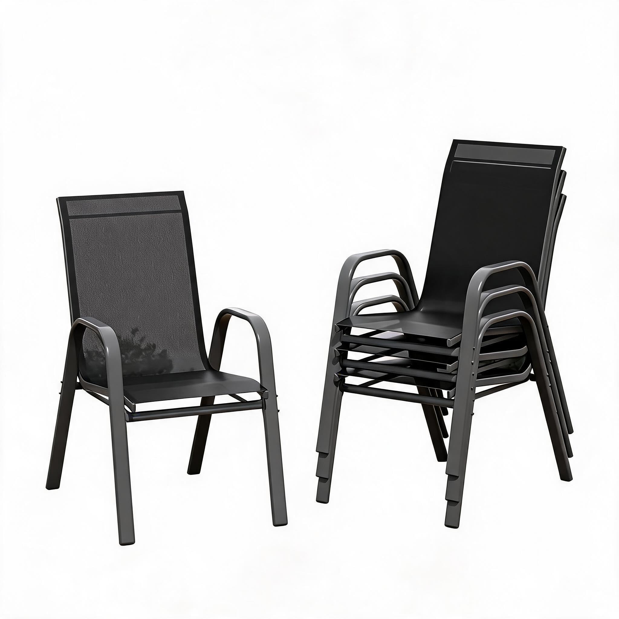 Litake Conjunto Sillas Jardin Exterior, 4 Sillas De Comedor para Exterior Metálicas, Soporte hasta 150 kg, Pintura Anticorrosiva, Tela Doble, Transpirables, Apilables, Estilo Clásico Sencillo,Negro