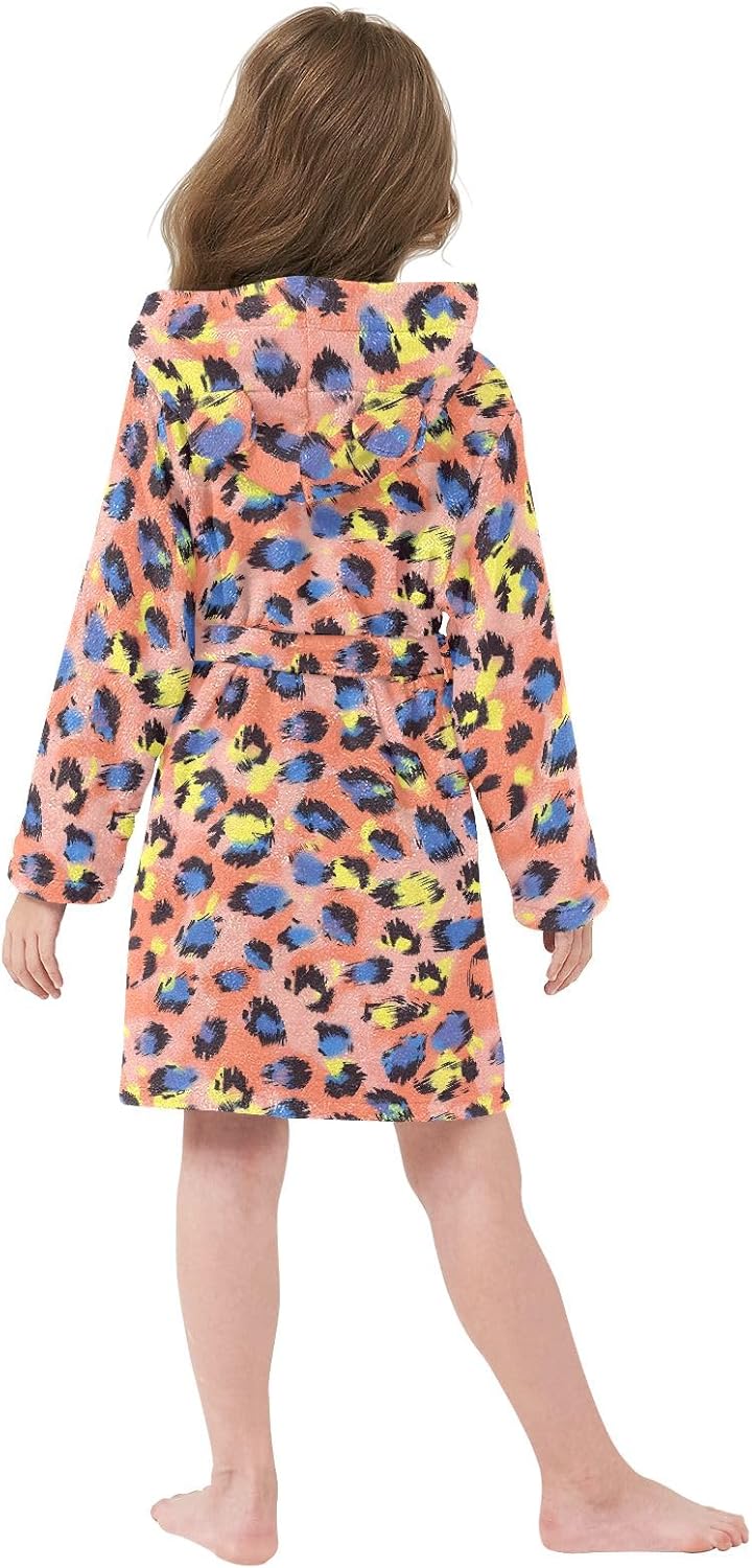 Orange Leopard Print Pattern Toddler Hooded Bathrobe for Boys Girls Soft Plush Bath Towel Robe 2-12 Years