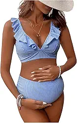 Maiô feminino para gestantes, listrado, acabamento com babados, gola V, 2 peças
