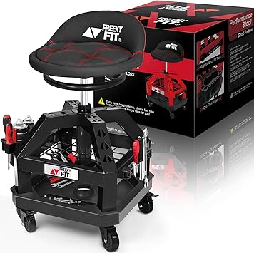 Shop Stool with Backrest for Garage   DO02 Heavy Duty Rolling Pneumatic Creeper for Padded Adjustable Mechanic Stool with Two Additional Tool StorageBlack