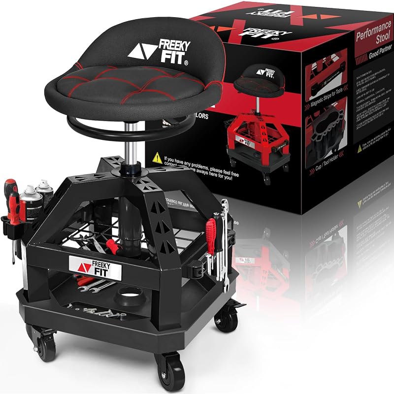 Banco com Rodas para Oficina FreekyFit DO02-B com Altura Ajustável, Assento Giratório 360°, Bandejas para Ferramentas e Suporte Magnético, Capacidade de 150 kg, Preto
