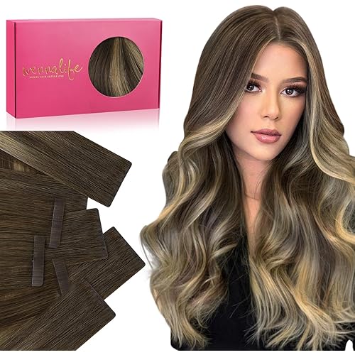 WENNALIFE Invisi Edge & Classic Tape in Hair Extensions Human Hair, 16 Inch 50g 20pcs(10pcs Invisi Edge & 10pcs Classic) Balayage Chocolate Brown to Caramel Blonde Invisible Luxury Remy Hair Injected