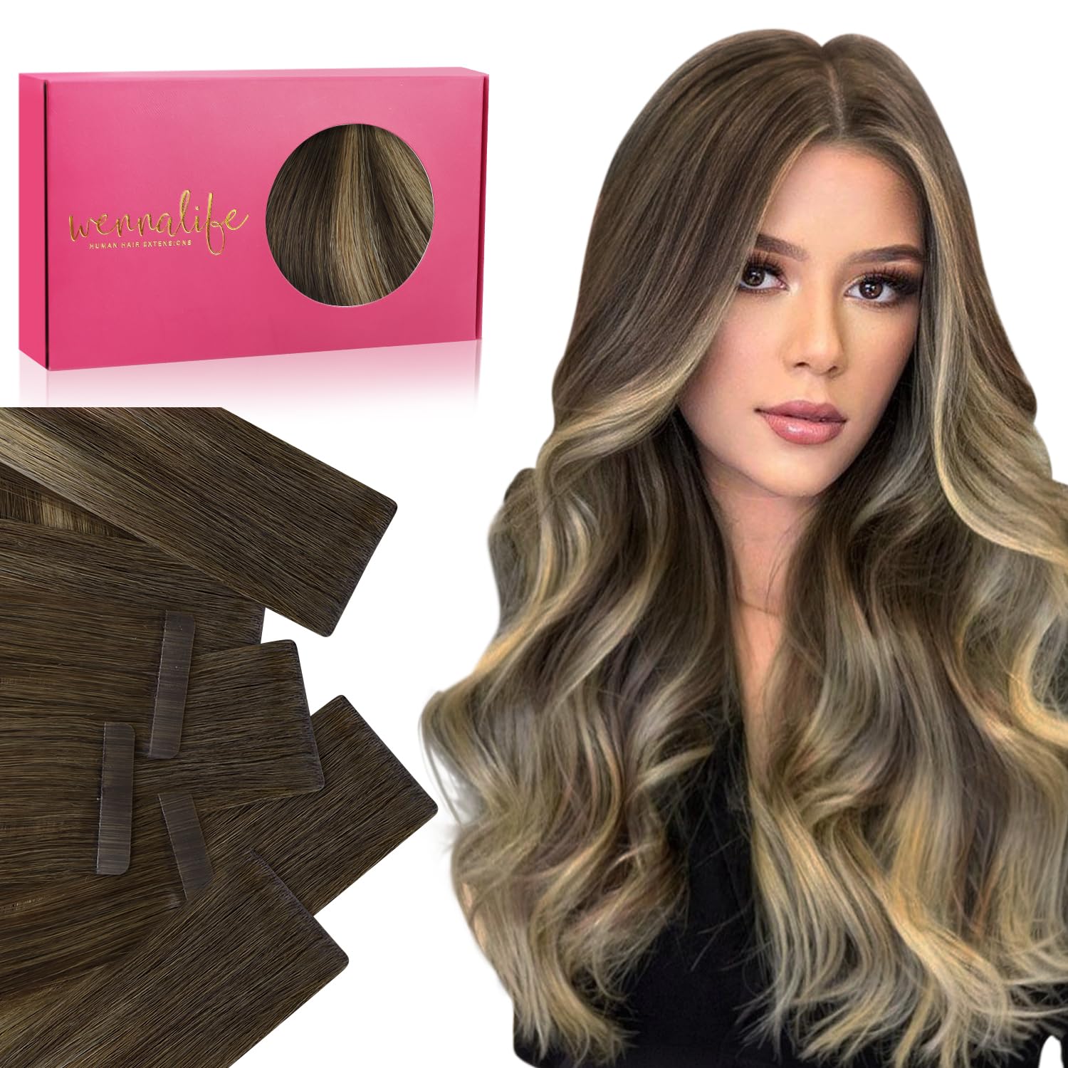 WENNALIFE Invisi Edge & Classic Tape in Hair Extensions Human Hair, 18 Inch 50g 20pcs(10pcs Invisi Edge & 10pcs Classic) Balayage Chocolate Brown to
