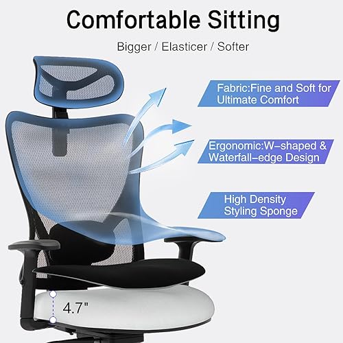 Miniatura 4 de EnjoySeating Silla ergonómica de oficina con soporte lumbar, respaldo alto, reposacabezas 2D, reposabrazos de poliuretano, asiento grande,