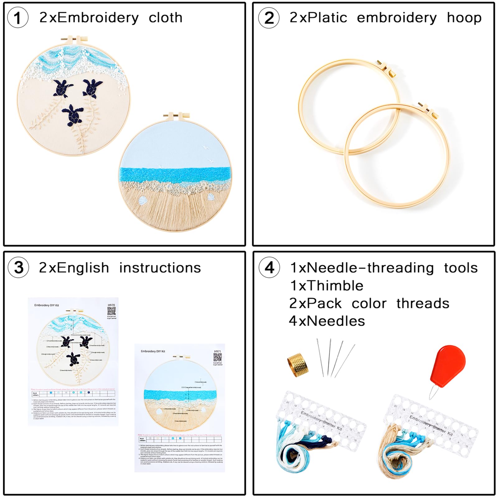 Embroidery Kit for Beginner Adults, Stamped Cross Stitch kits for Adults Beginners, Ocean Hand Embroidery Starter Needlepoint Kit, 2 Set Embroidery Supplies, 2 Hoops (Attached Teaching Video QR Code)