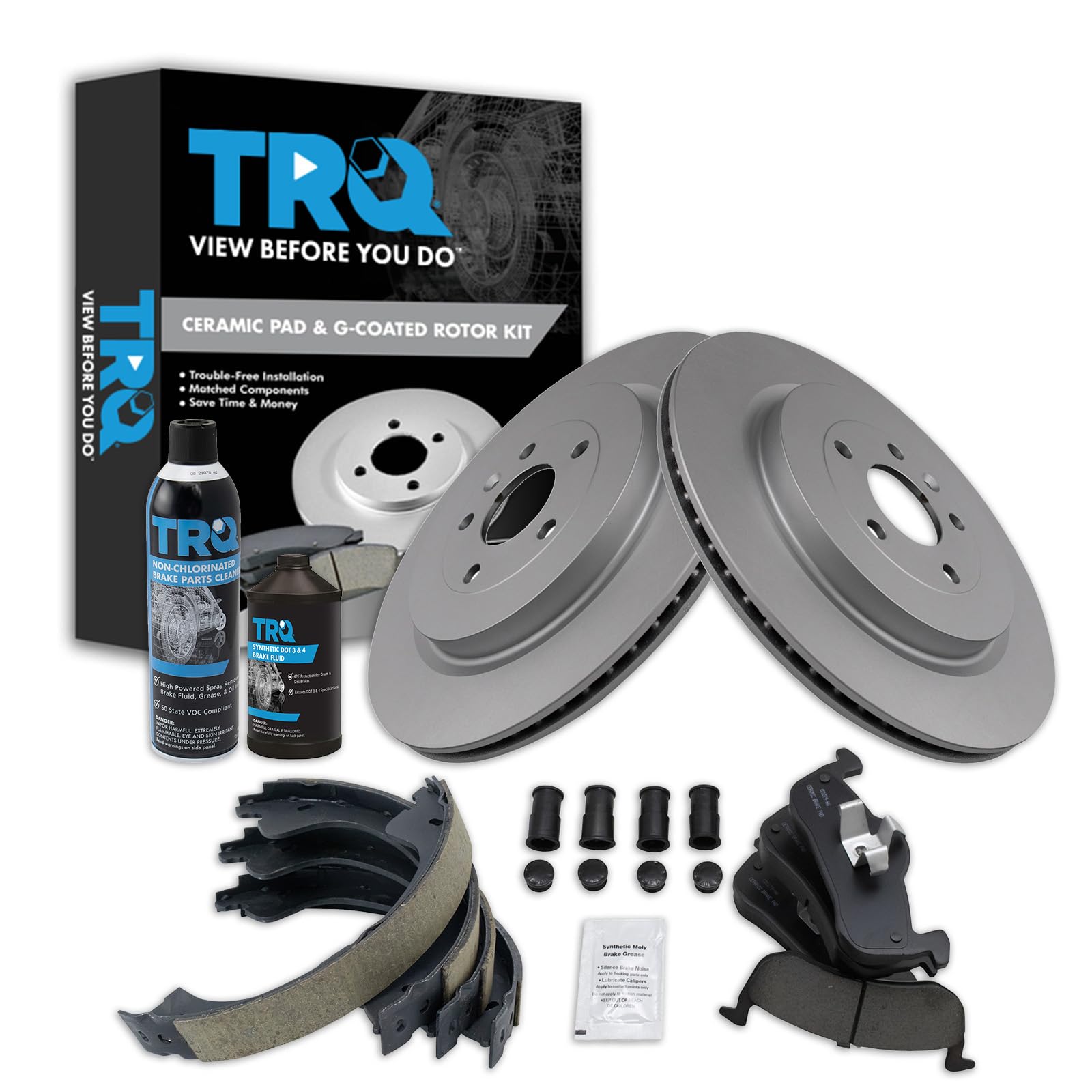 TRQ Rear Brake Pad &amp; Rotor Kit, with Chemical Kit Parking Brake Shoe Set Ceramic Premium G-Coated Compatible with 2013-2018 Lincoln MKT