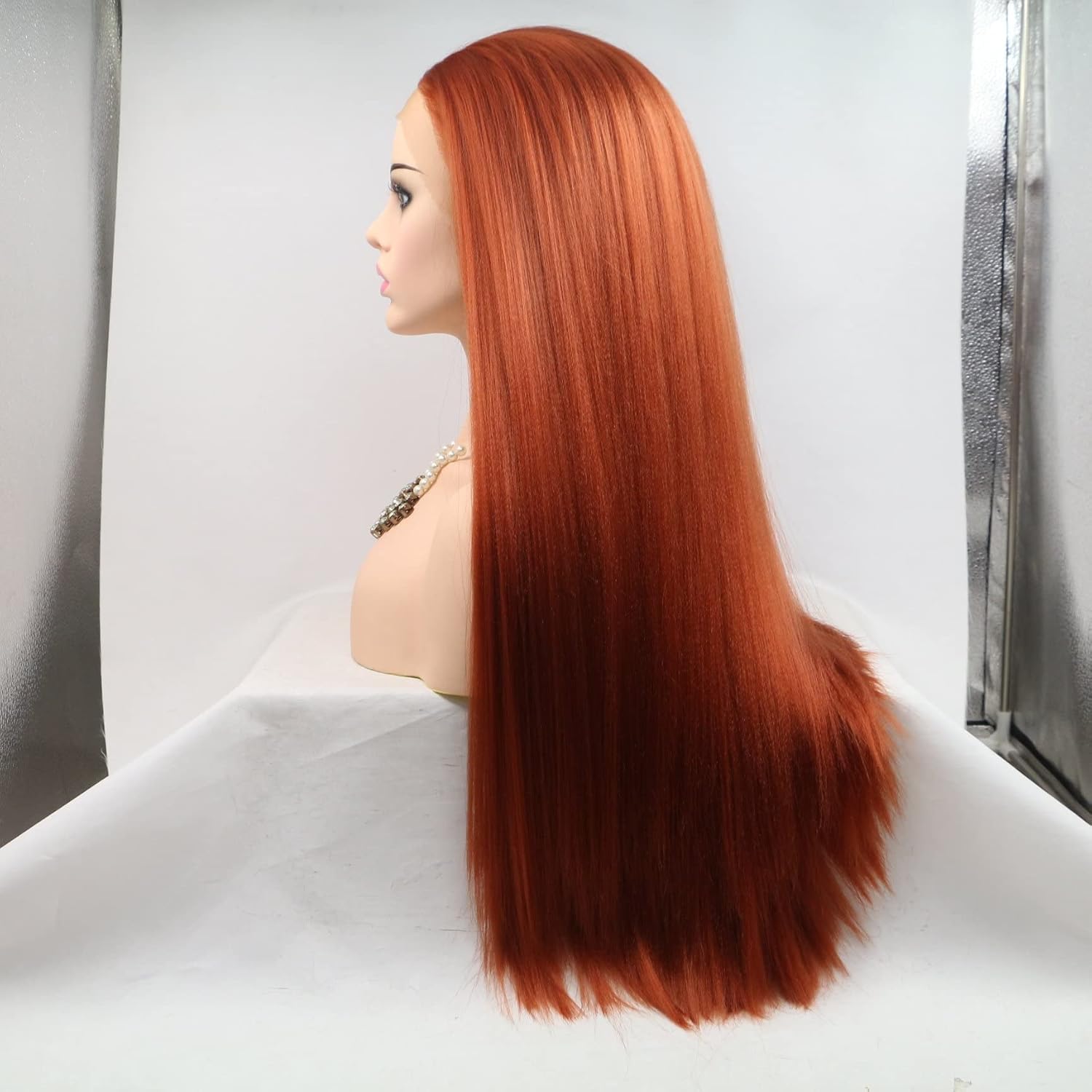 Copper Red Yaki Straight Lace Front Synthetic Wigs Natrual Looking Flawless Hairline Wigs for Women 24 Inch