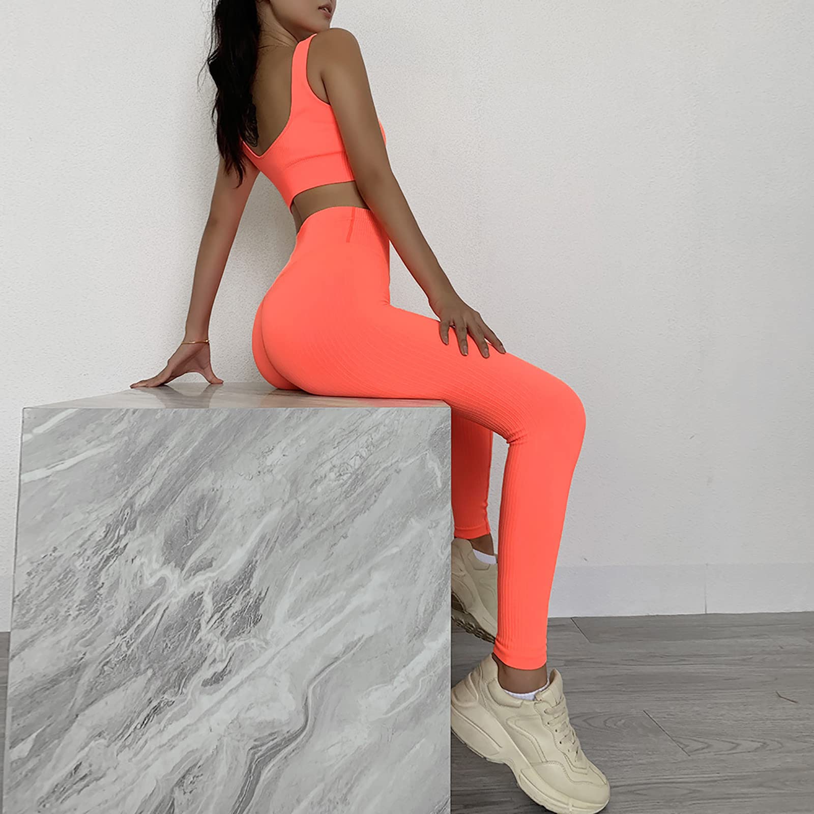 Damskie dresy treningowe 2-częściowe, bezszwowe, wysoka talia, odzież sportowa, krój slim fit, fitness, biustonosz i legginsy, spodnie do joggingu, beżowe, L