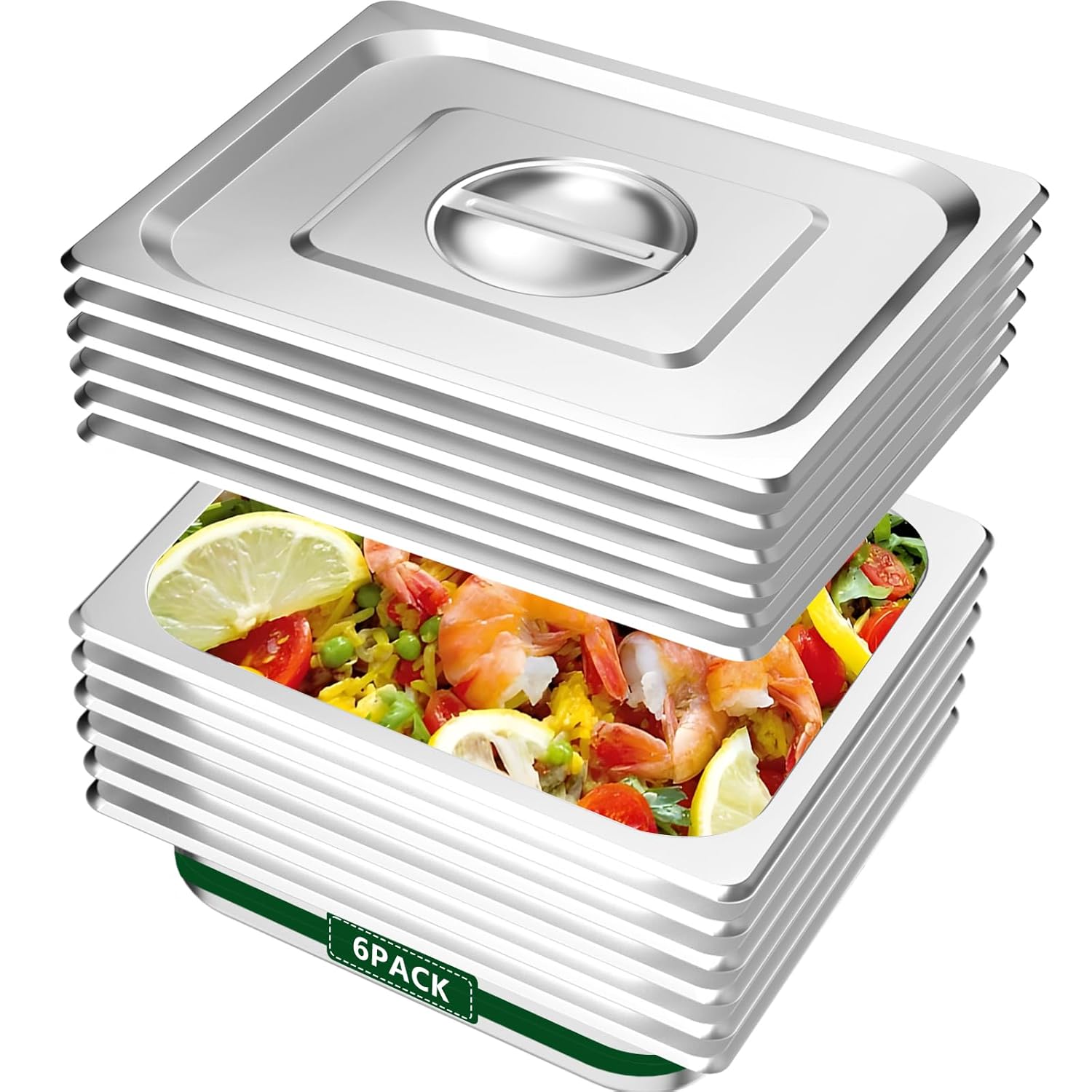 Hotel Pan With Lid 1/2 Half Size - 2.5" Deep 6 Packs Stainless Steel Food Pan for Steam Table, Commercial Restaurant, Anti Jam, Buffet, Home