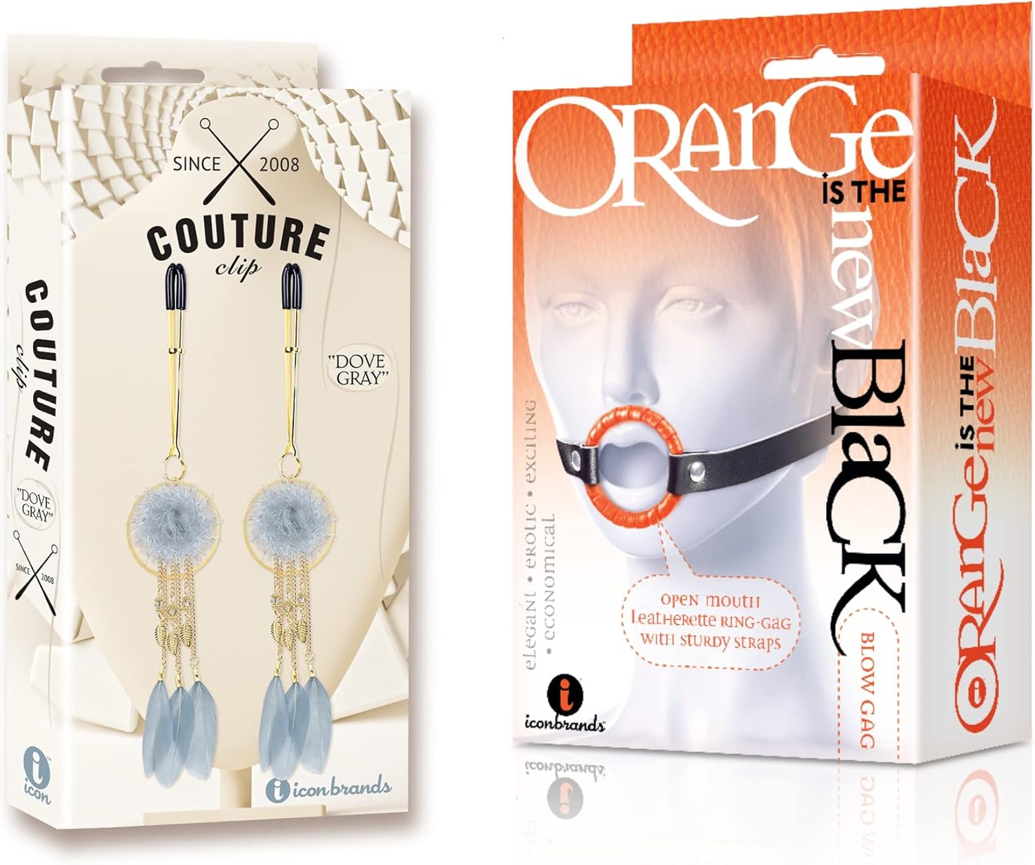 Sexy, Kinky Gift Set Bundle of Couture Clip’s “Dove Gray” Nipple Clamp and Icon Brands Orange is The New Black, Blow Gag, Open Mouth Leather Gag