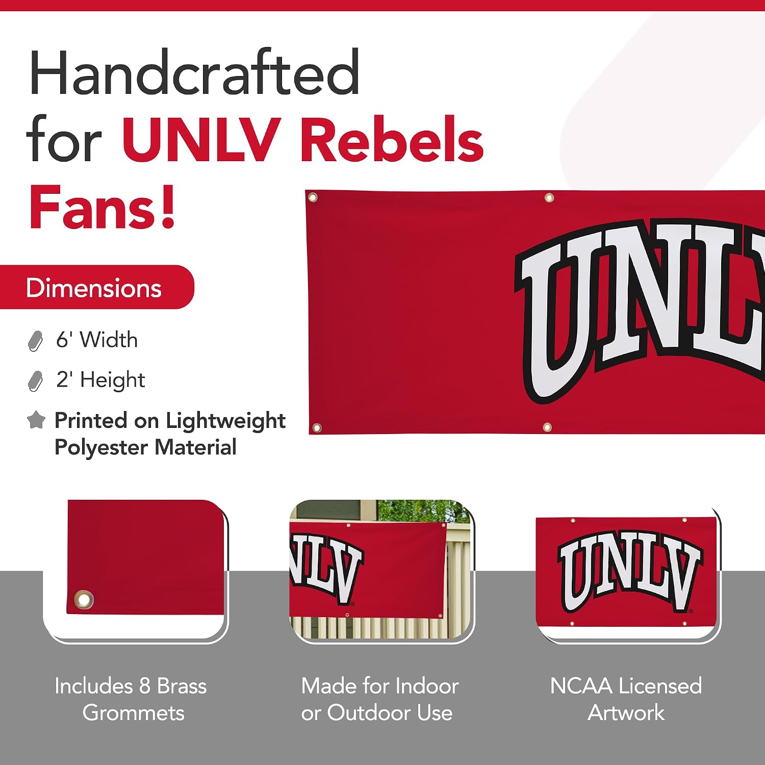 UNLV Rebels College Sports Printed Polyester Banner - NCAA Licensed - Hanging Graduation Decoration - School Banner (Red, Black, White) (2' x 6')