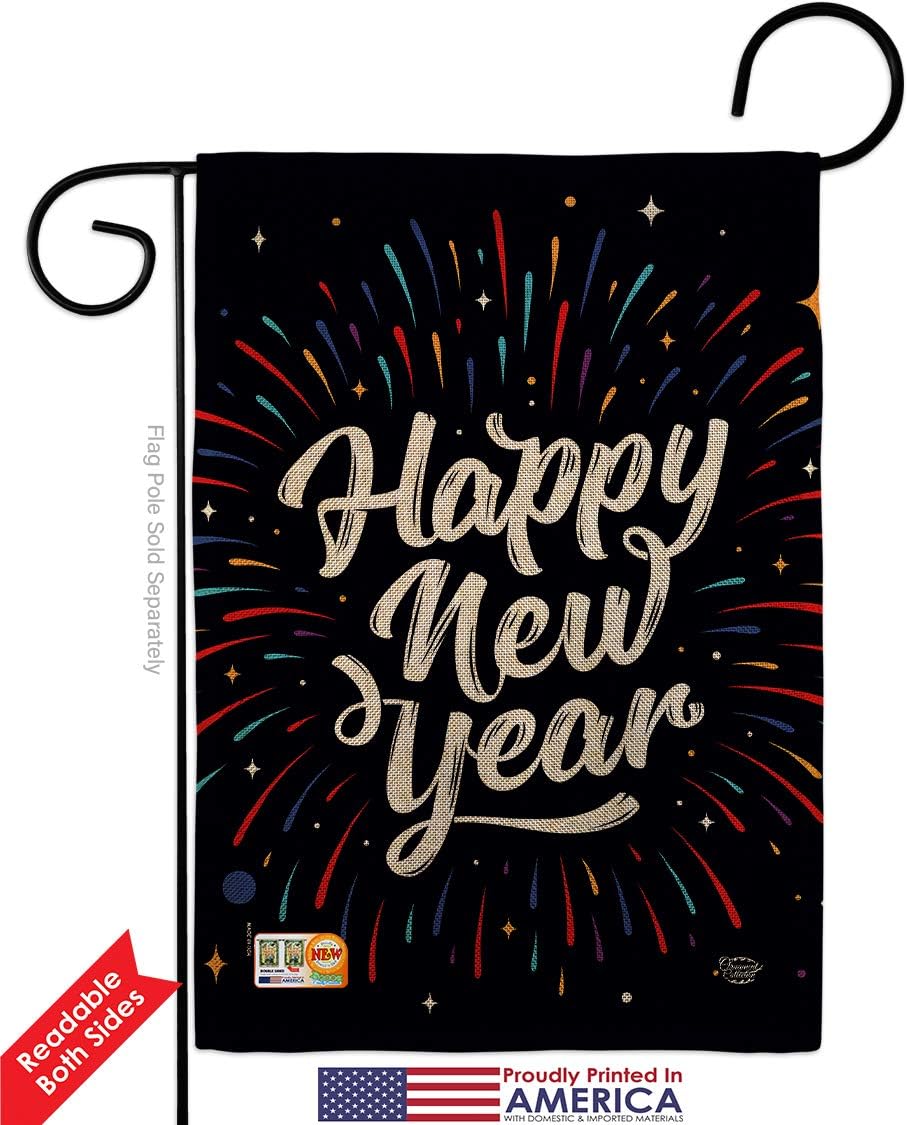 Happy New Year Burlap Burlap Garden Flag Clock Countdown Champagne Party Fireworks Celebrate Small Decorative Gift Yard House Banner Double-Sided Made In USA 13 X 18.5