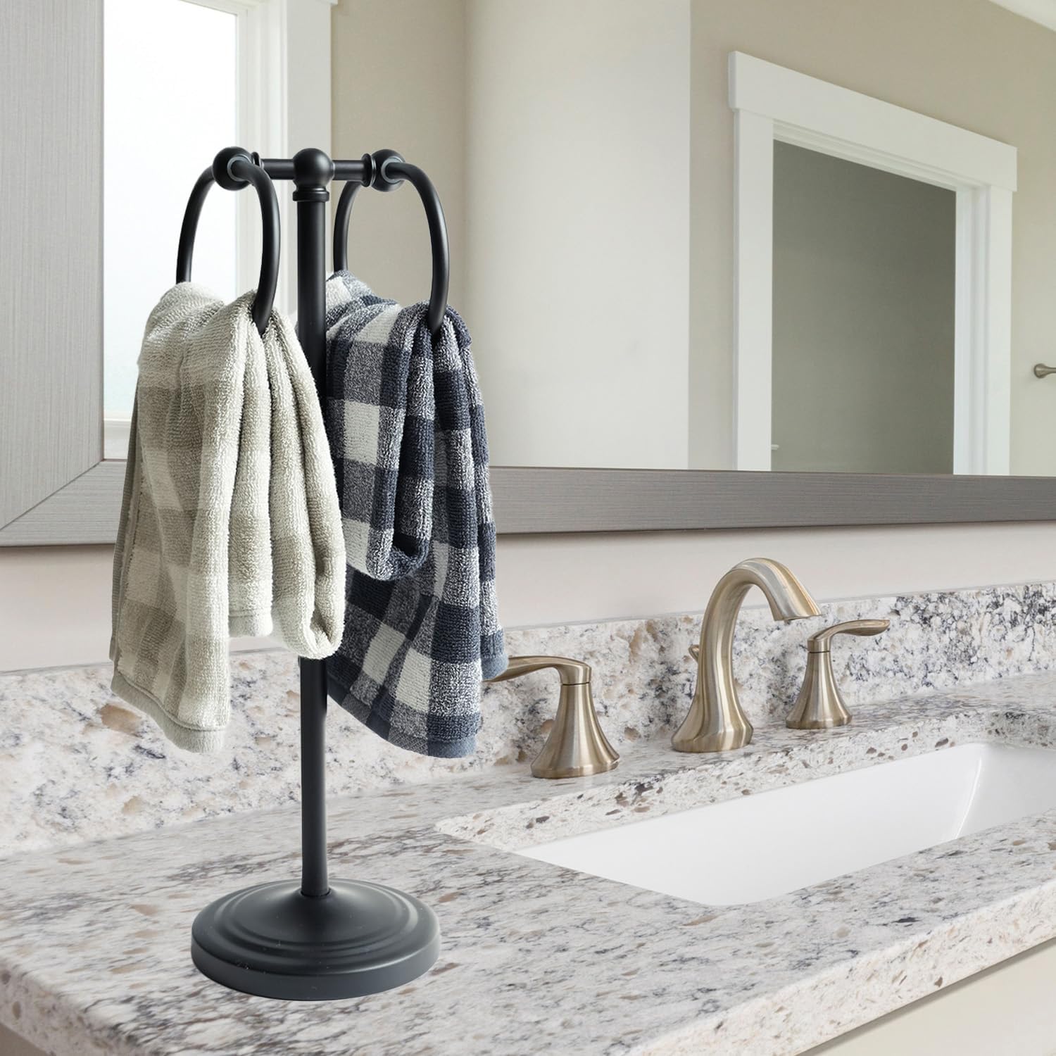 17 Inch Stainless Steel Hand Towel Holder Double Stand Hand Towel Ring for Washcloths or dishcloths Non-Slip Base Free Standing Towel Rack for Bathroom Kitchen (Black)