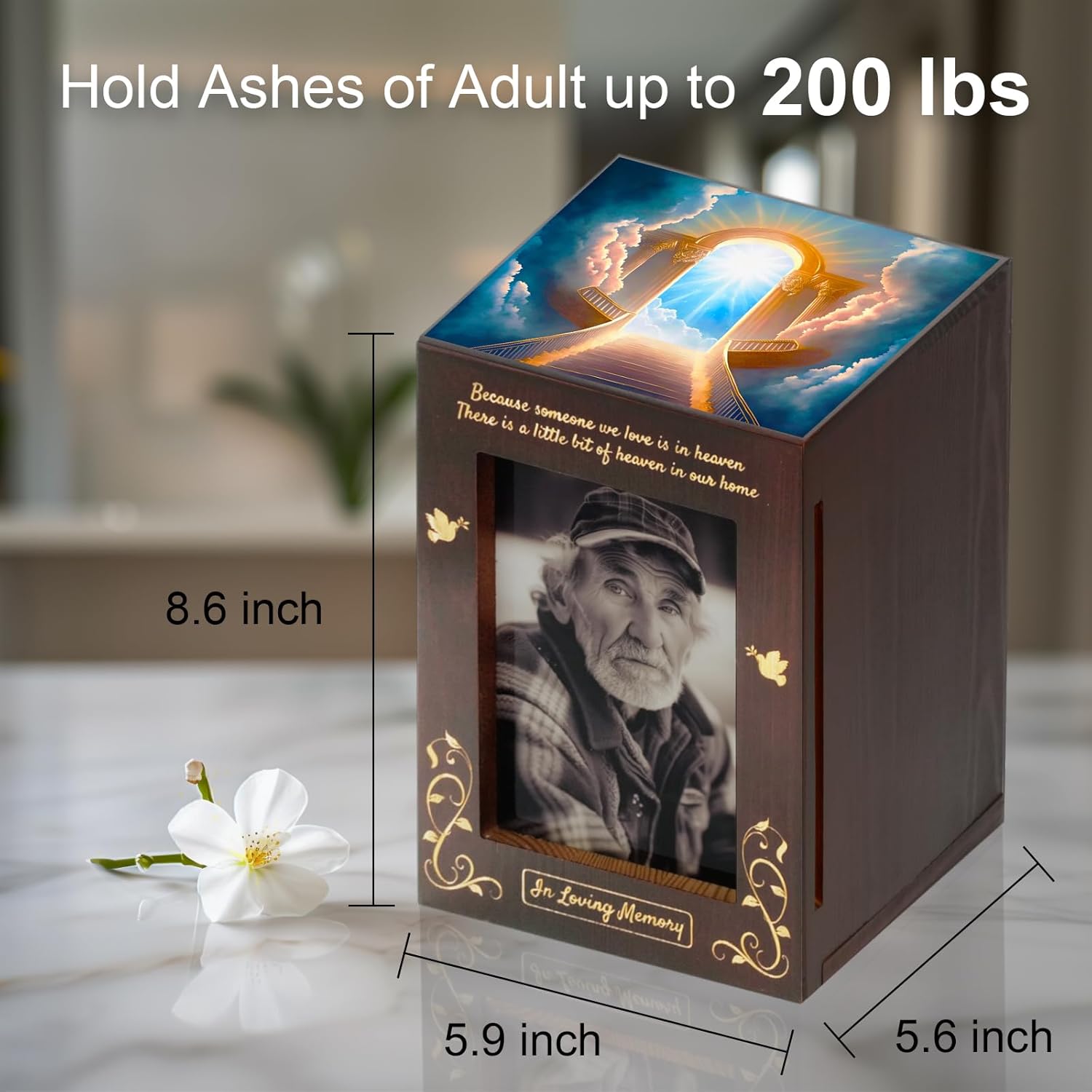 Wooden Cremation Urns with Photo Frame for Human Ashes Adult Female Male, Wood Urns Box and Casket, Decorative Urn with picture for Adults Up to 200 lbs (Large, Stairway to Heaven) - Image 4