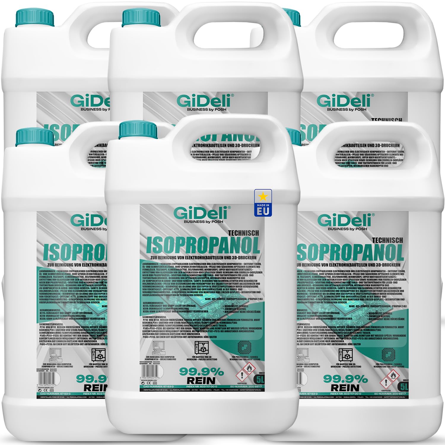 GiDeli Isopropanol Técnico 6x 5l - Alcohol isopropílico 99,9% - Limpieza de componentes electrónicos y accesorios de impresora 3d