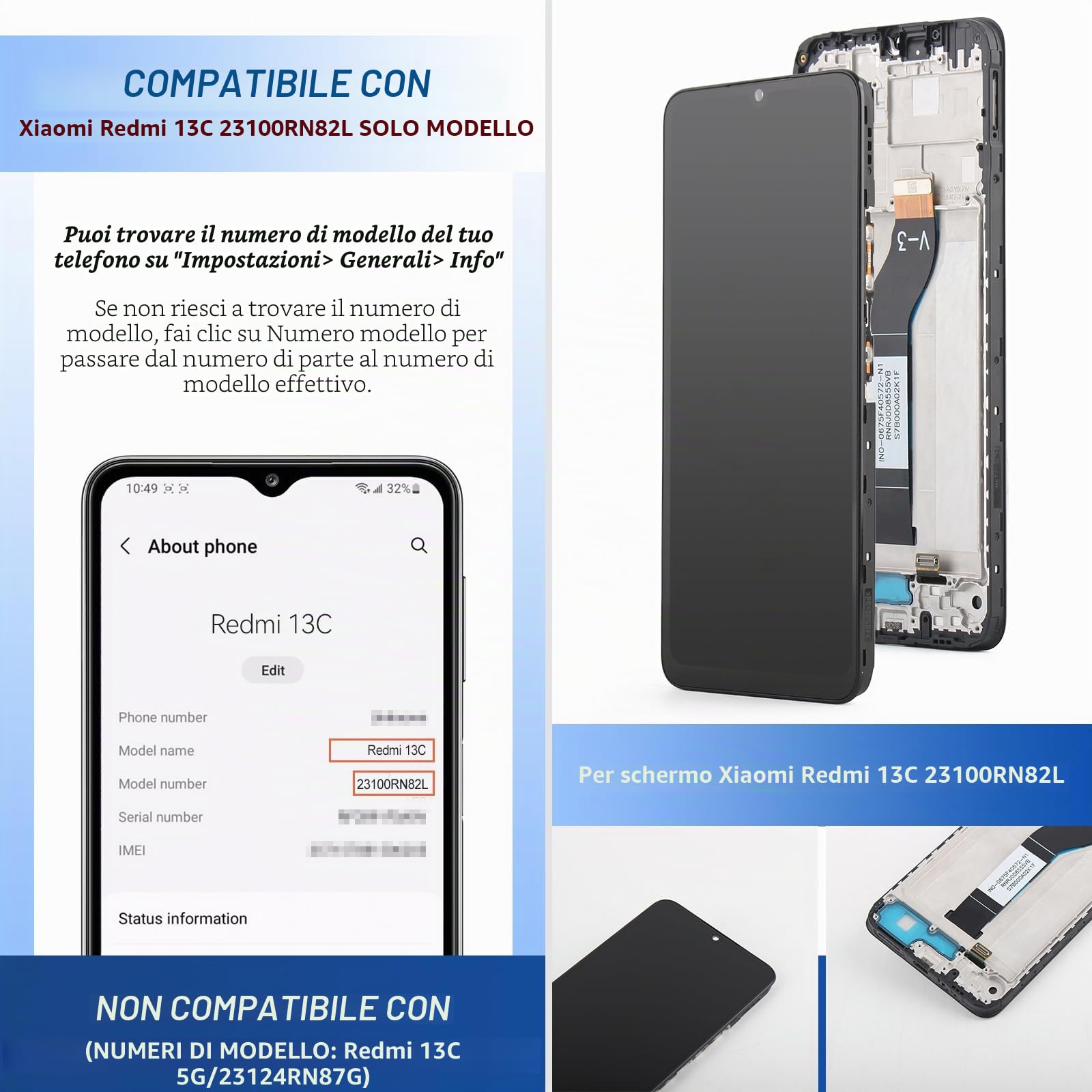 Per Xiaomi Redmi 13C Schermo LCD per Xiaomi Redmi 13C 23100RN82L, 23106RN0DA, 23108RN04Y Display Assemblea Sostituzione Schermo di Vetro Digitalizzatore con strumenti di Riparazione (Nero con Cornice)