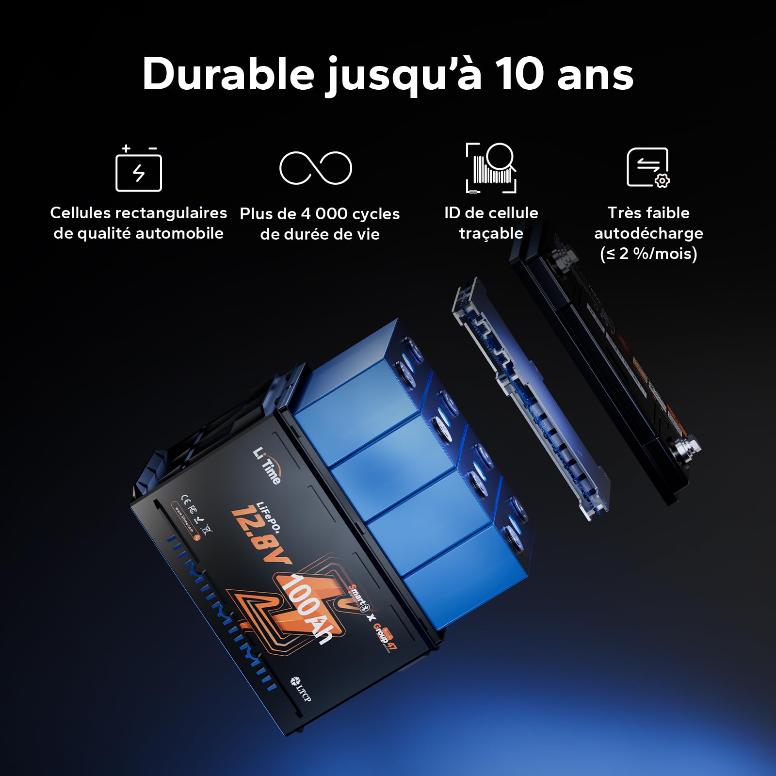 LiTime Batterie Lithium 12V 100Ah H168 LiFePO4 pour Camping-Cars et Fourgon | Bluetooth, 100A BMS, Max. 15000 Cycles, Énergie 1280Wh, IP65, Protection Anti-froid, pour Camper Van, Caravane, Bateaux