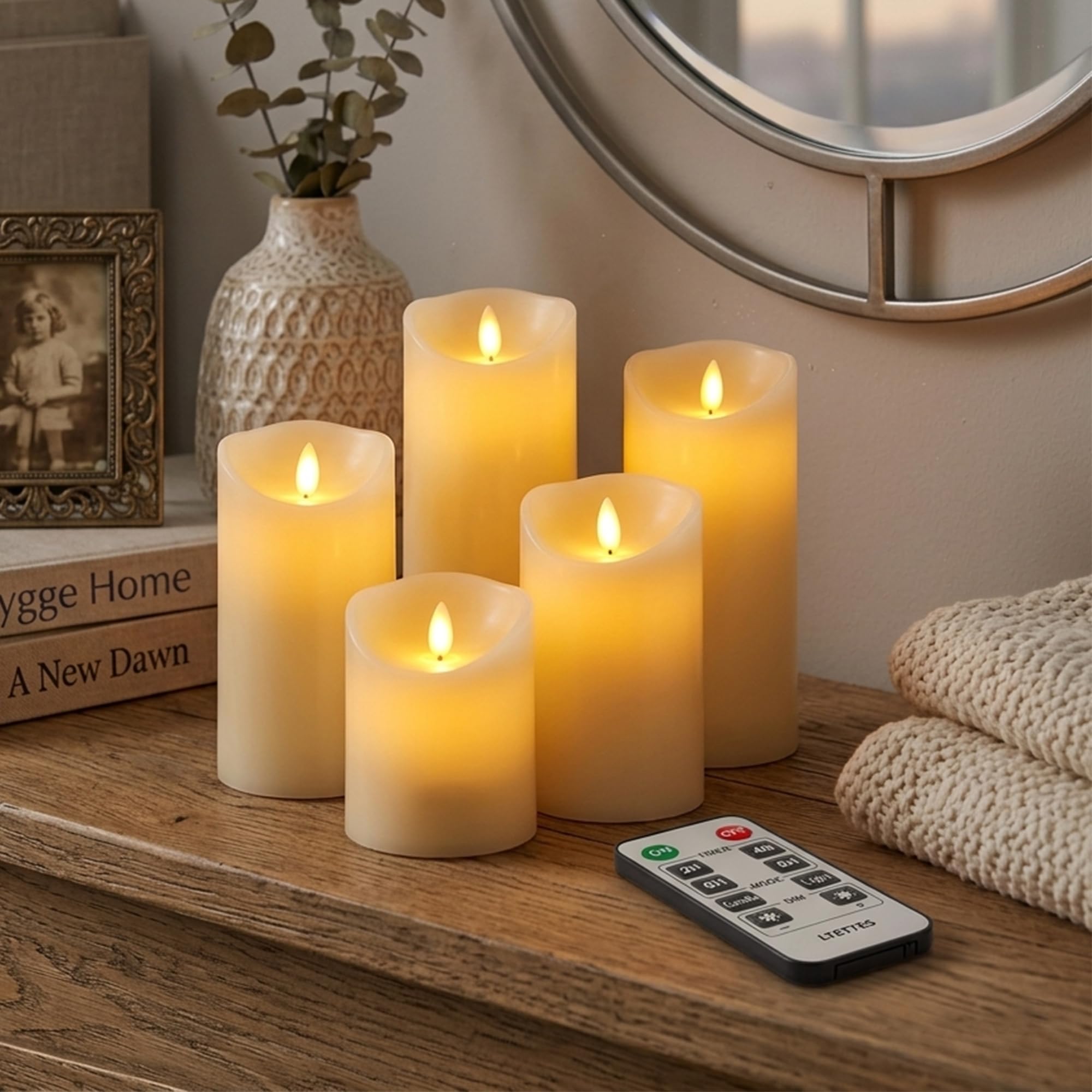 realistic flameless frosted plastic pillar led candles| battery operated with remote controller | decorative candles for home decor, party & indoor outdoor use | set of 5