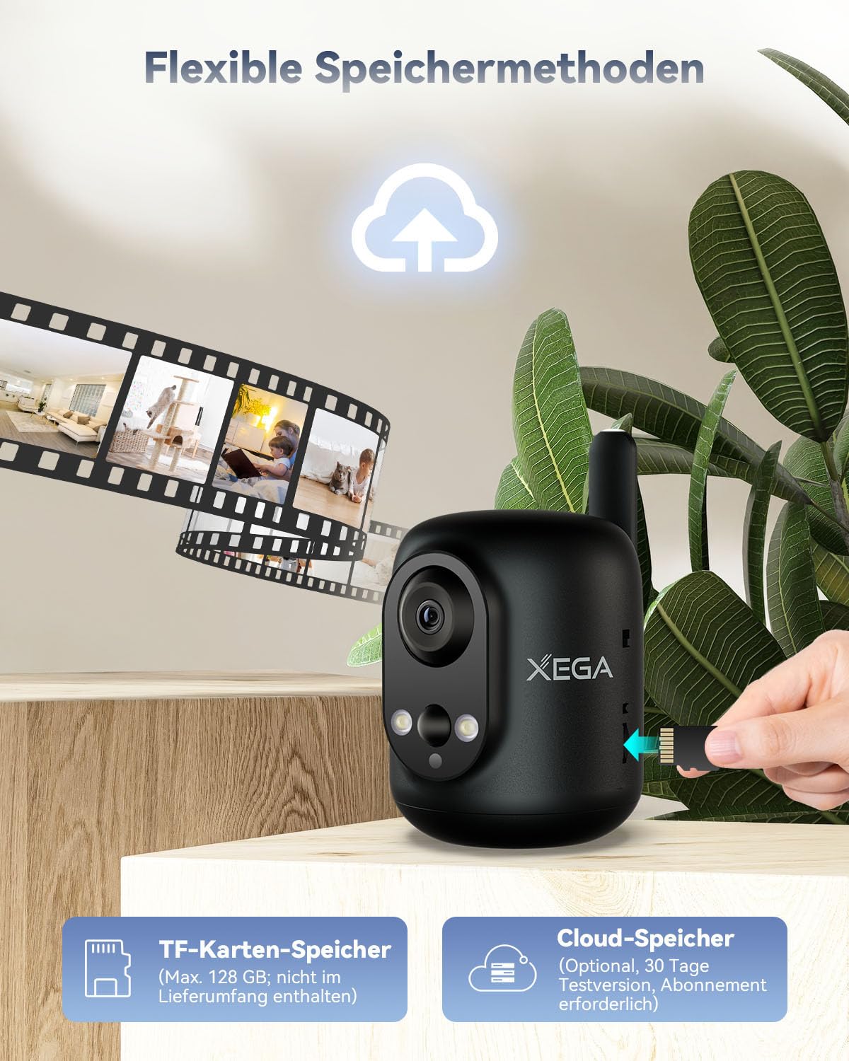 Xega 4G LTE Überwachungskamera Innen mit SIM Karte Ohne WLAN, 2K Kabellose Kamera für Babys/Haustiere/Senioren, 355°P/60°T, 6000mAh Akku, Farb-Nachtsicht, PIR Kennung, TF/Cloud, Nicht Wasserfest