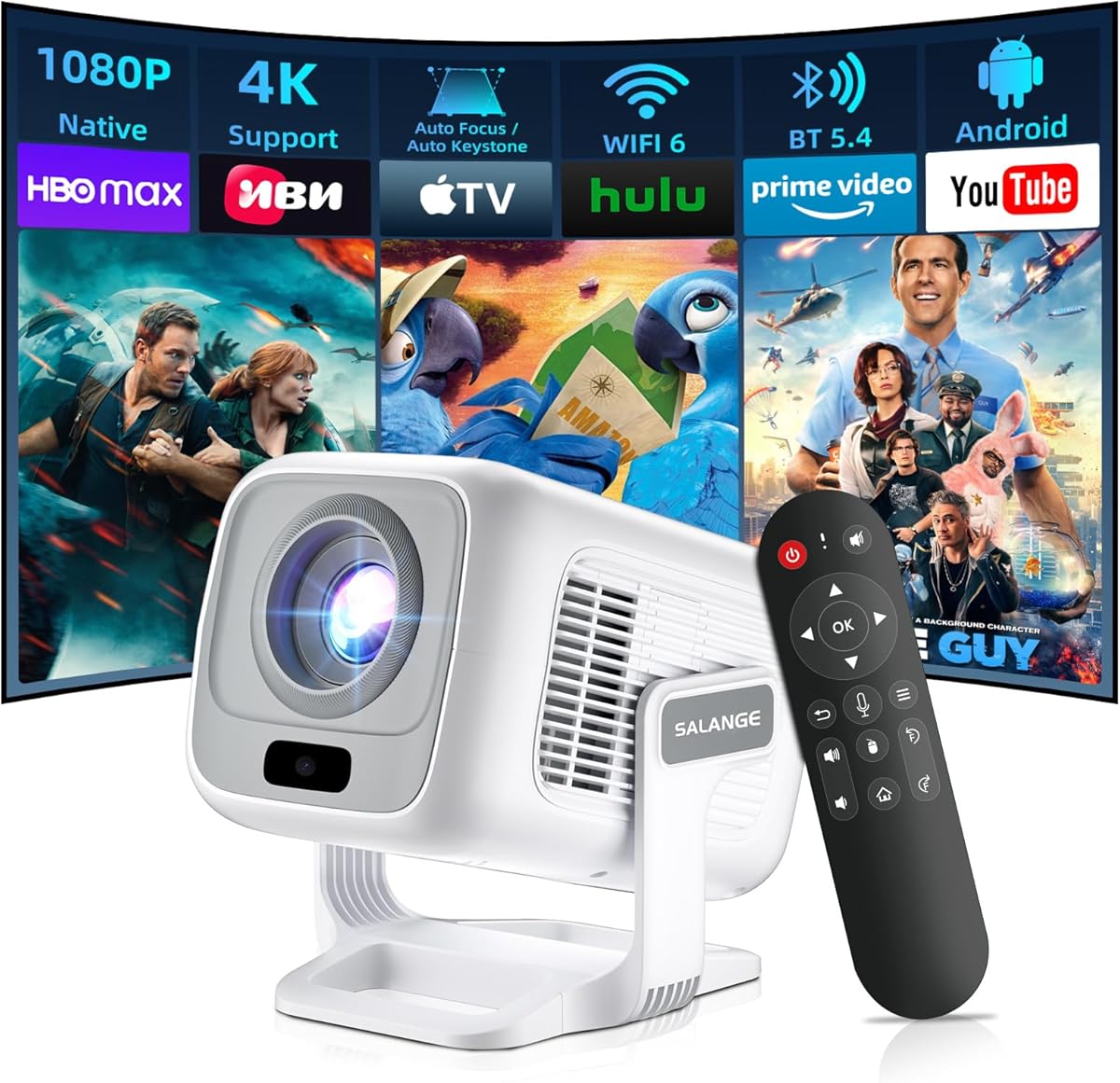 [Auto Focus/Keystone] Salange 4K Short Throw Projector,15000Lumen FHD 1080P Smart Portable Projectors,Mini Projector with WiFi6 BT5.4, Android 11,Video Proyector for bedroom,Home Cinema,Kid Gifts