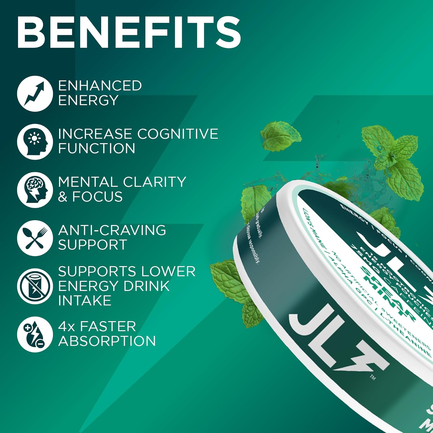 JLT 75 mg Caffeine Nootropic Pouches | Nootropic Energy Pouches with 75mg Caffeine, Lion's Mane, Alpha GPC, L-Tyrosine & L-Theanine with no Artificial Sweeteners | 15 Pouches Per Can
