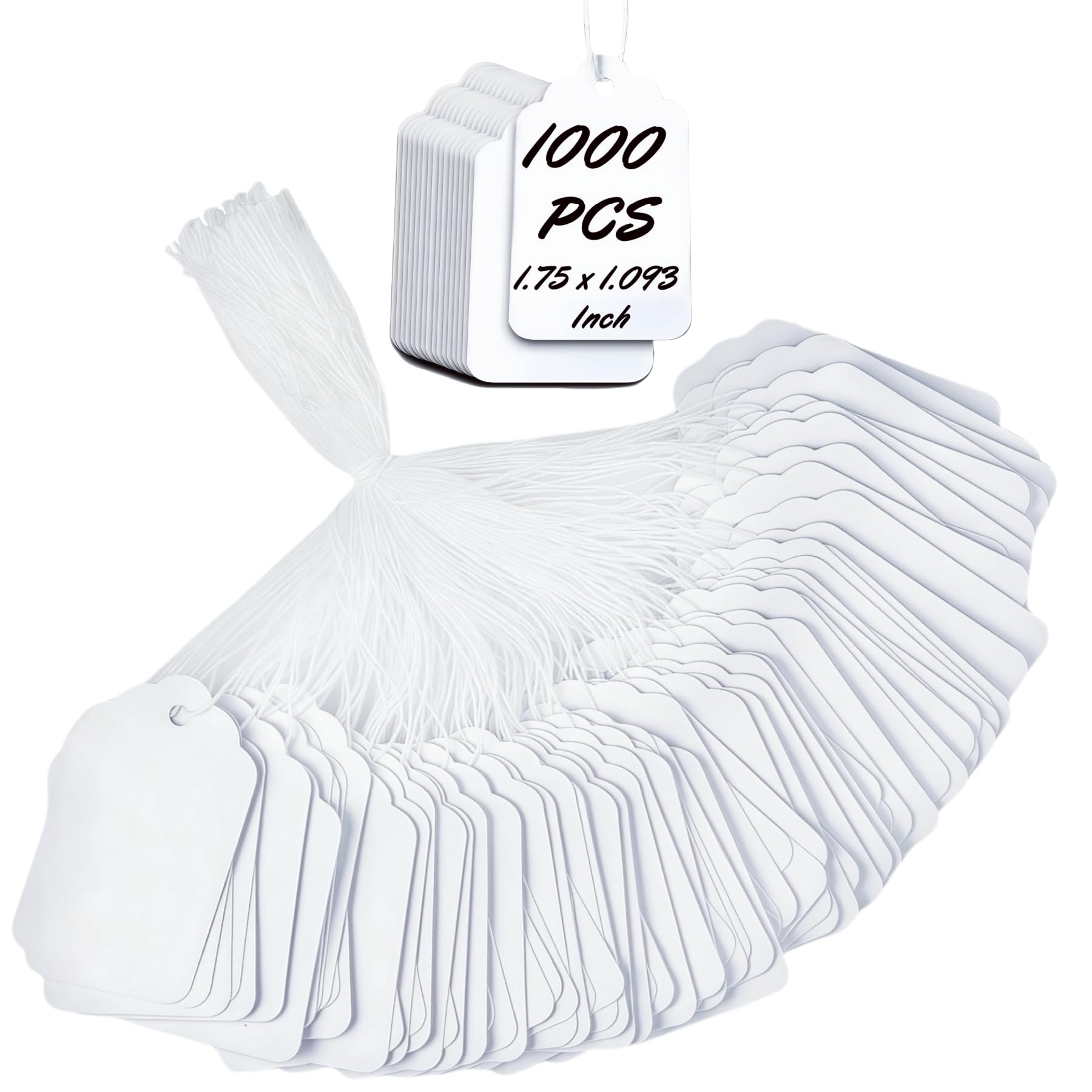Photo 1 of 1000 PCS Pre-Strung Price Tags with String, White Paper Label Tags for Garage Sale Jewelry Clothing Retail, 1.75 x 1.093 Inch