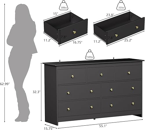 Miniatura 9 de Cómoda blanca de 55 pulgadas para dormitorio, cómoda grande de madera con 7 cajones profundos con asas negras, cómodas modernas y anchas de