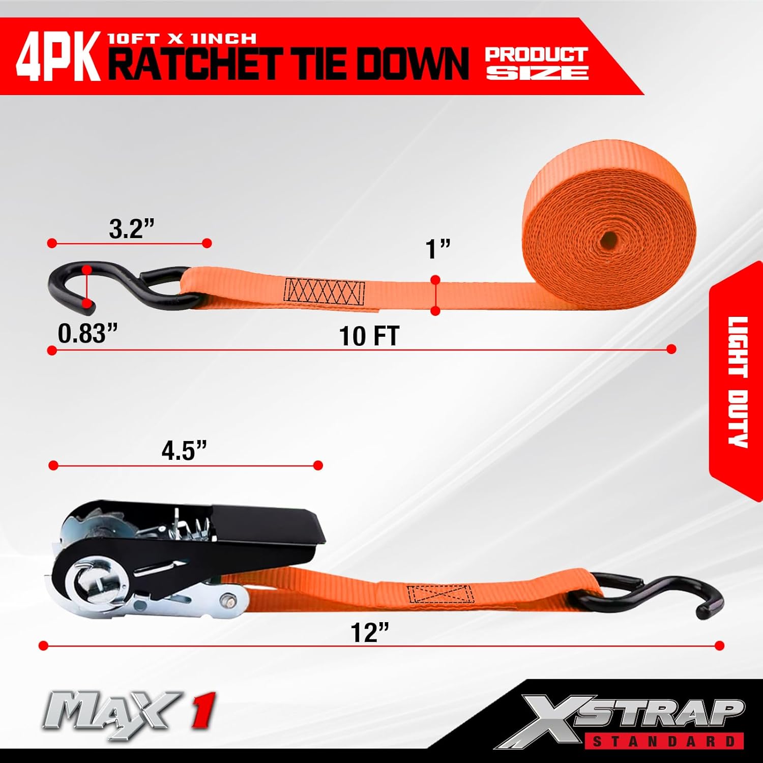 XSTRAP STANDARD Ratchet Tie Down Straps 4 Pk 10 Ft- 300 Lbs Load Cap- 900 Lbs Break Strength-Cargo Straps for UTV, ATV, Pickup,Truck, Moving Appliances, Lawn Equipment, Orange - Image 2