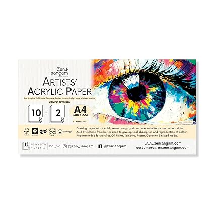 Zen Sangam Artists - A4 Acrylic Papers - 300 GSM - Cold Pressed - (12 Sheets) - Canvas Texture Surface - Size (29.7x21cm) - For Acrylics, Tempera, Poster Paints, Heavy-body Paints, Oil Paints and Ink